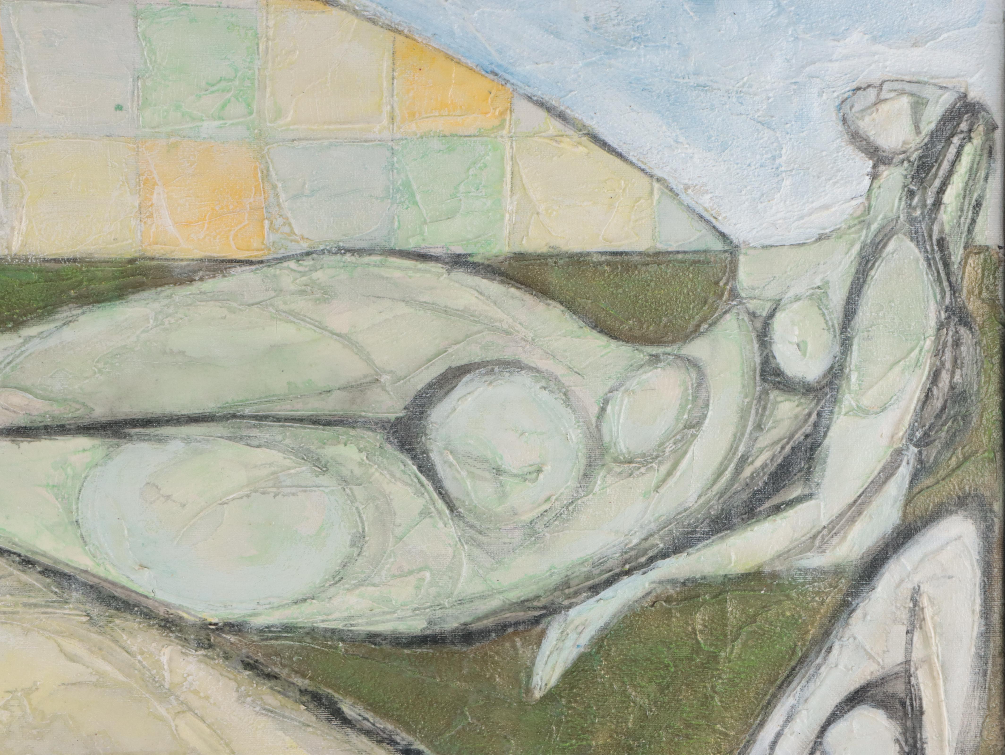 Modenist Mixed Media Painting of Reclining Figures