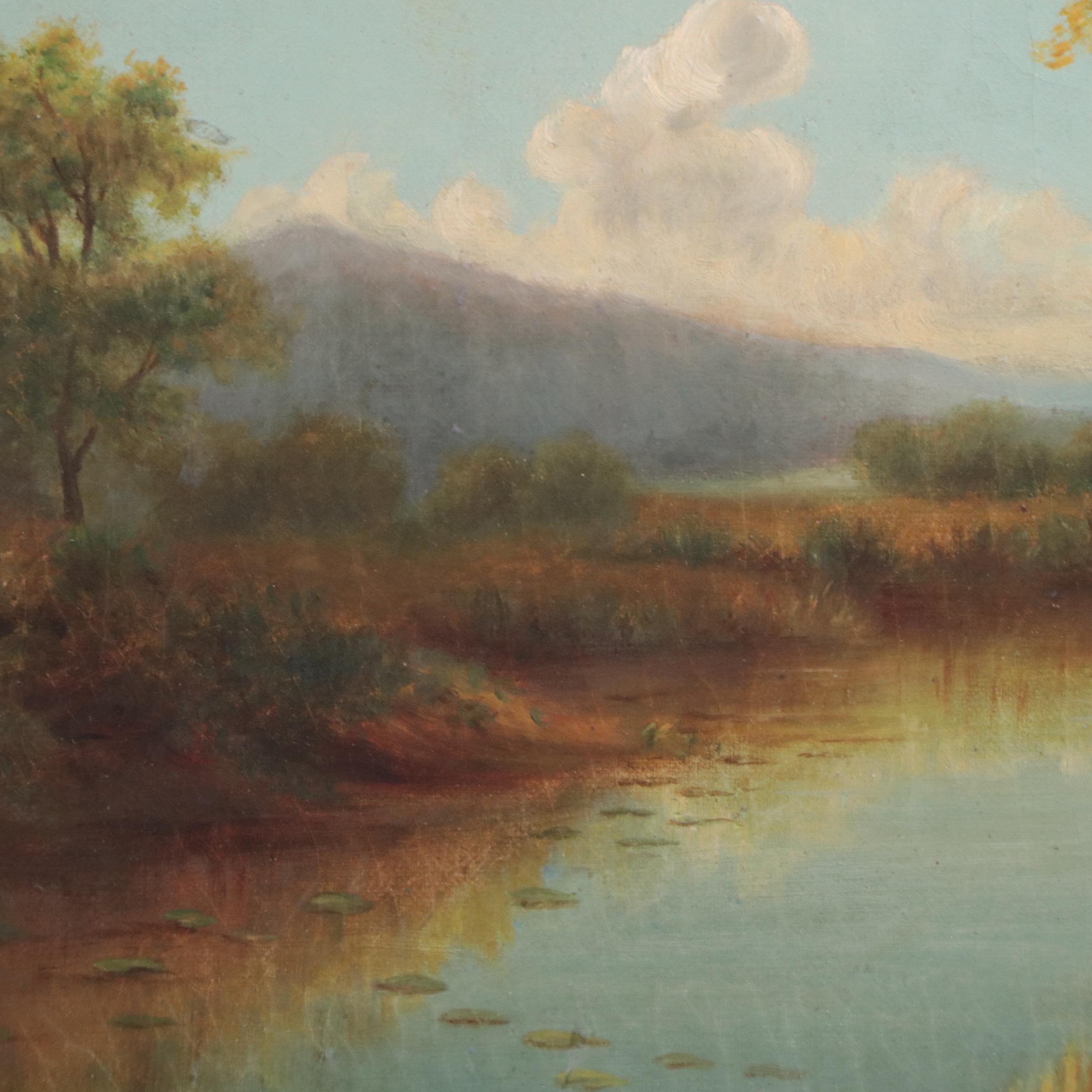 Hudson River School Oil Painting of Pastoral Landscape With Cattle Drinking