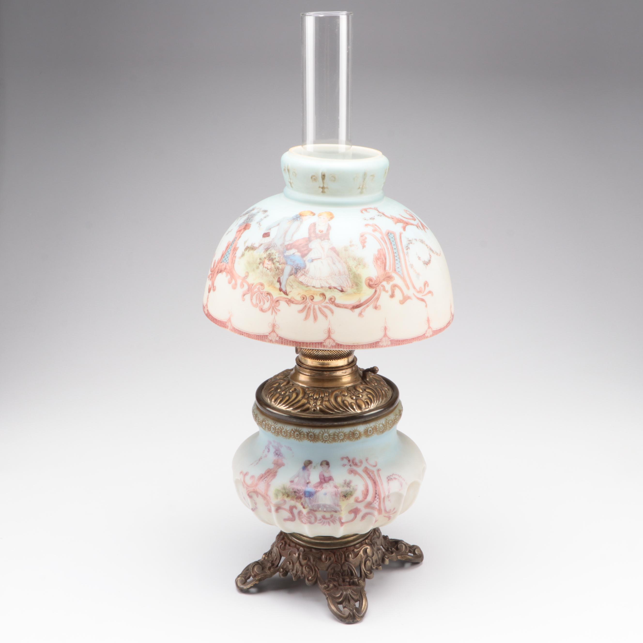Hand-Painted Pressed Glass Parlor Oil Lamp