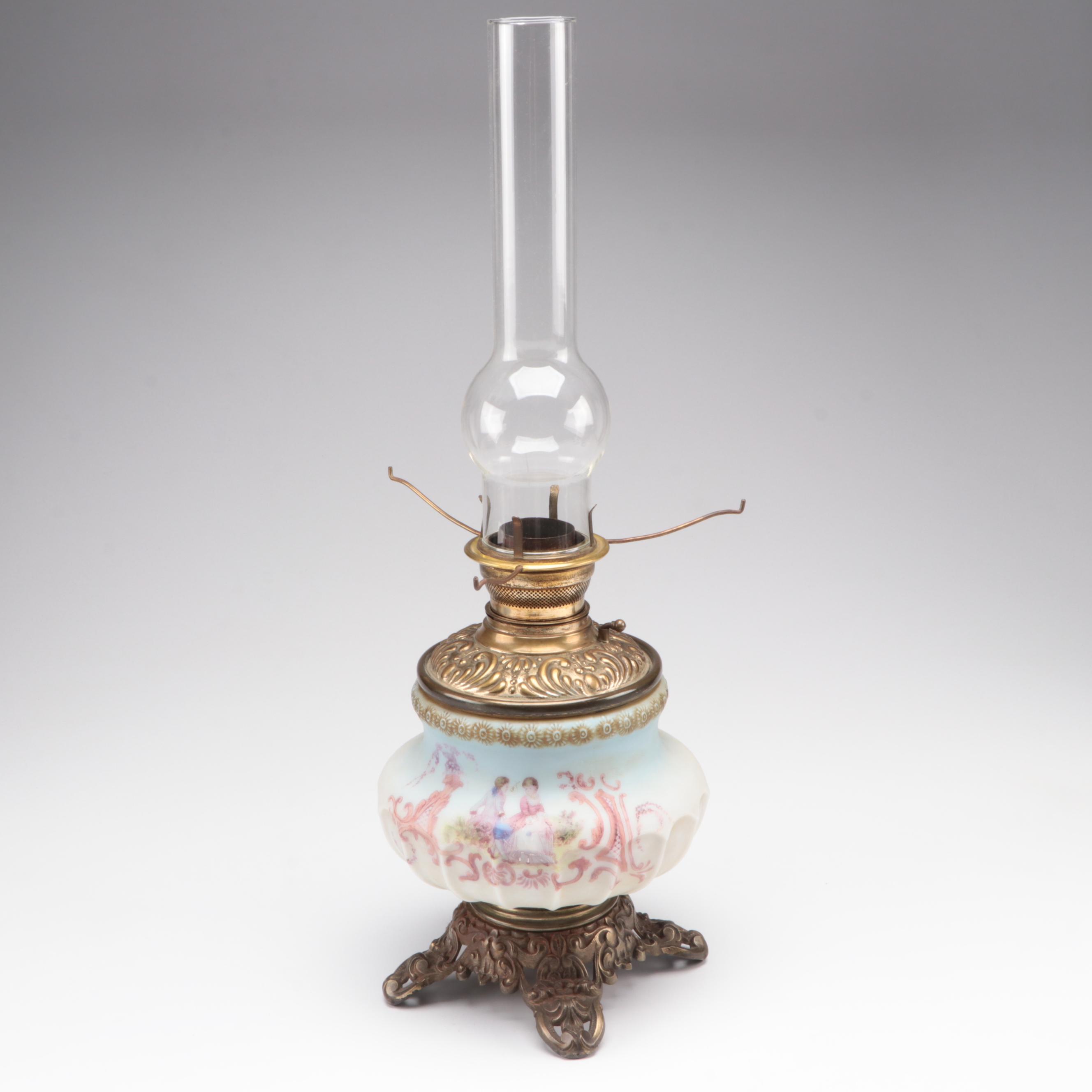 Hand-Painted Pressed Glass Parlor Oil Lamp