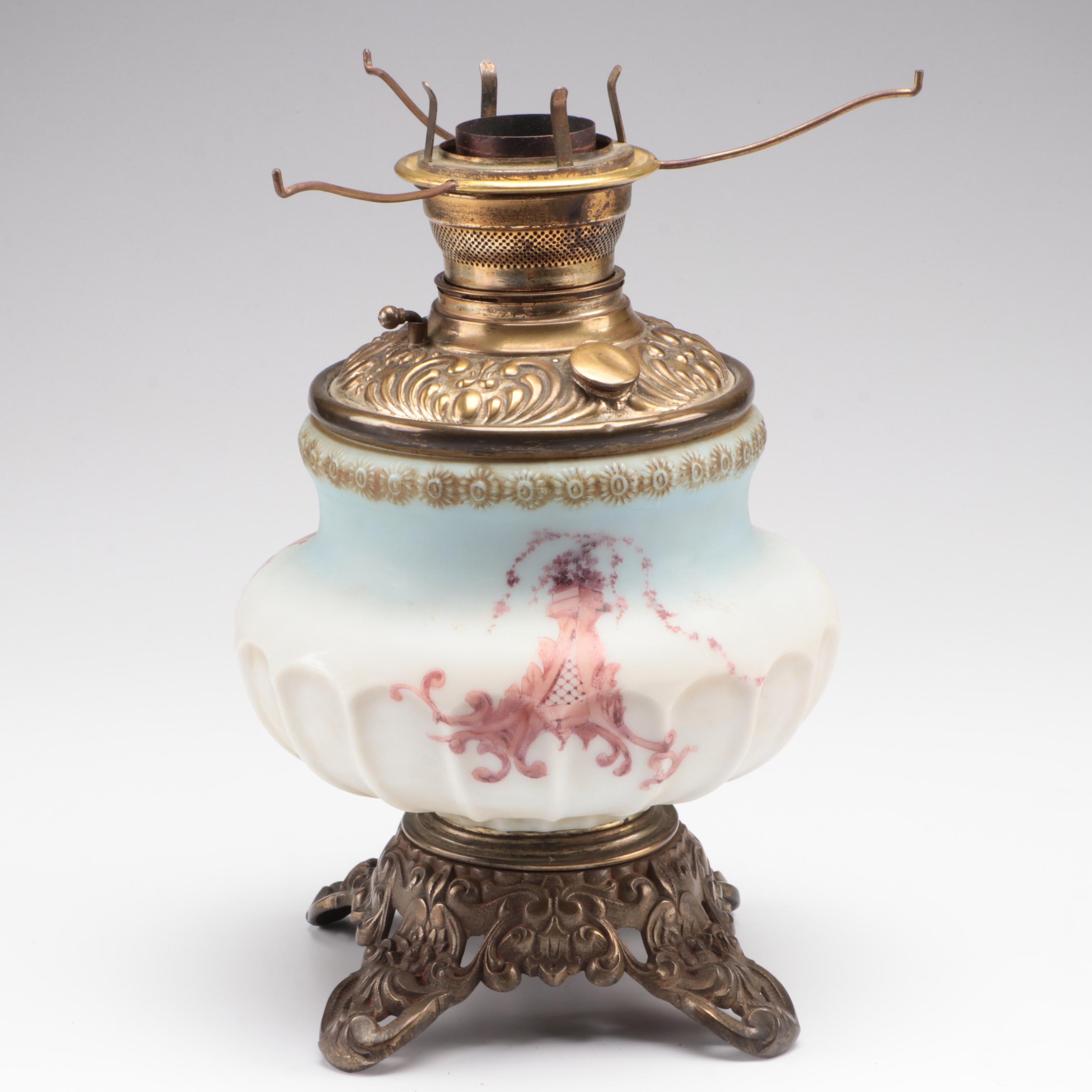 Hand-Painted Pressed Glass Parlor Oil Lamp