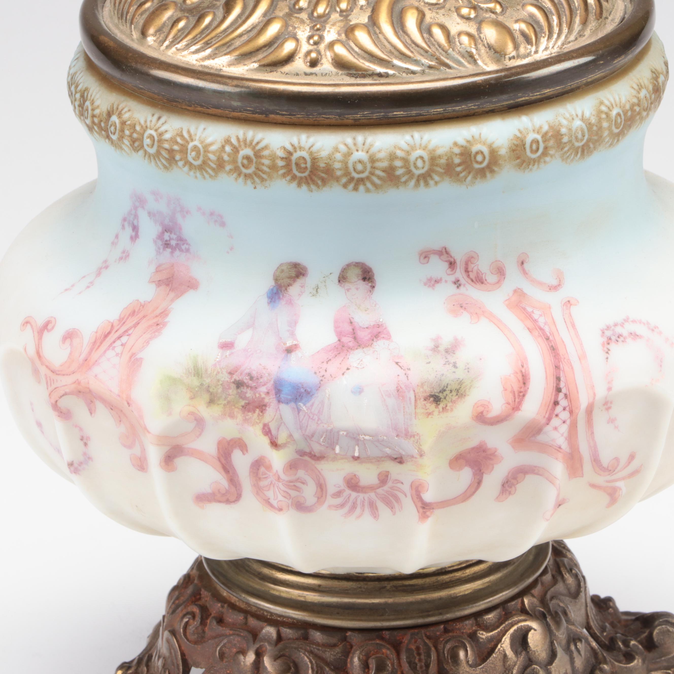 Hand-Painted Pressed Glass Parlor Oil Lamp