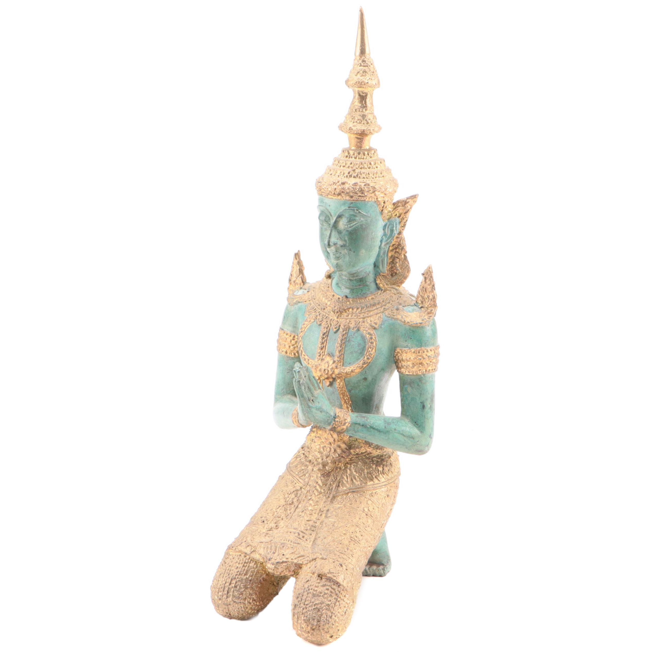 Thai Thepphanom Deity in Namaskara Mudra Gilt and Patinated Bronze Figure