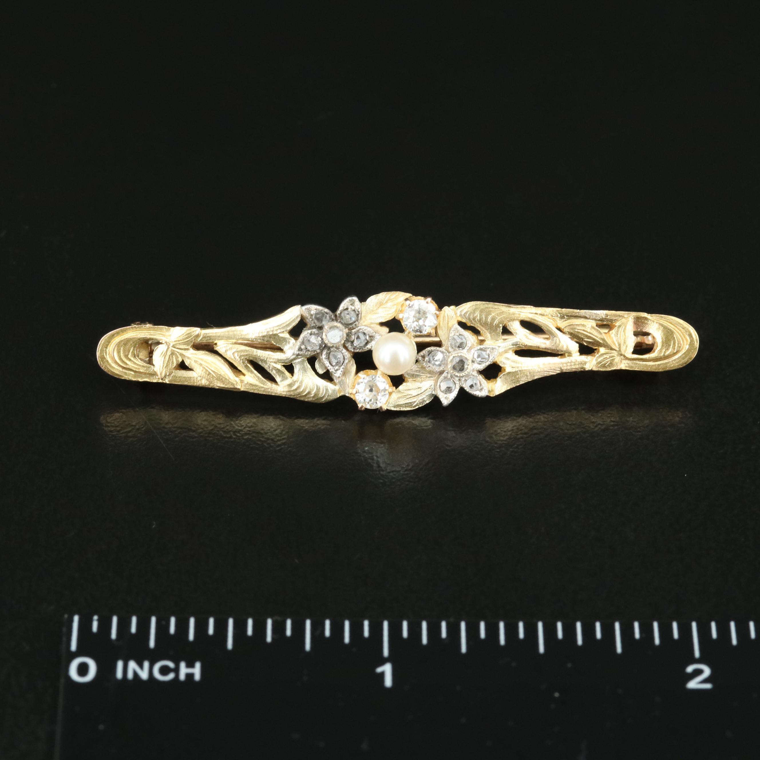 Art Nouveau Style 14K Pearl and Diamond Brooch