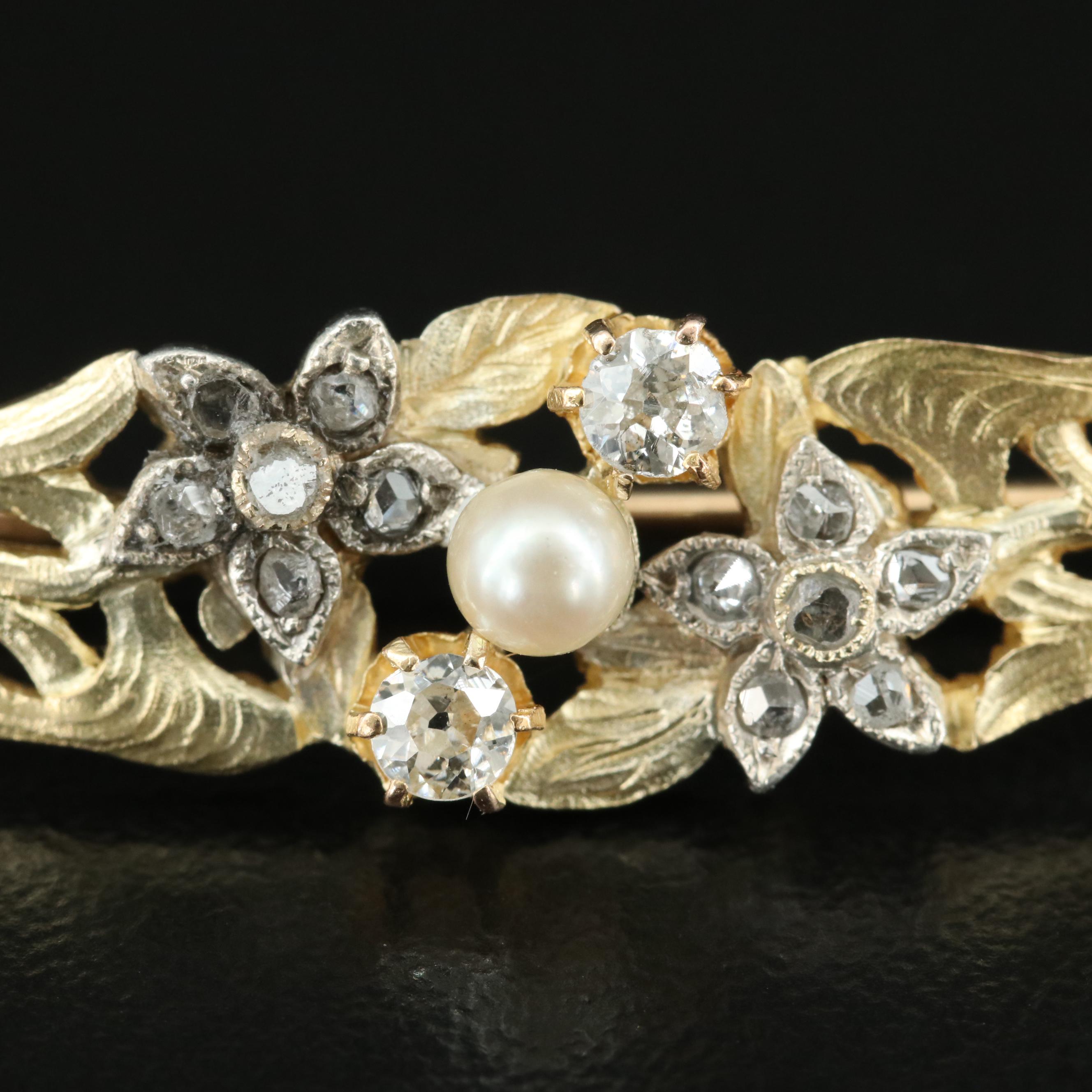 Art Nouveau Style 14K Pearl and Diamond Brooch