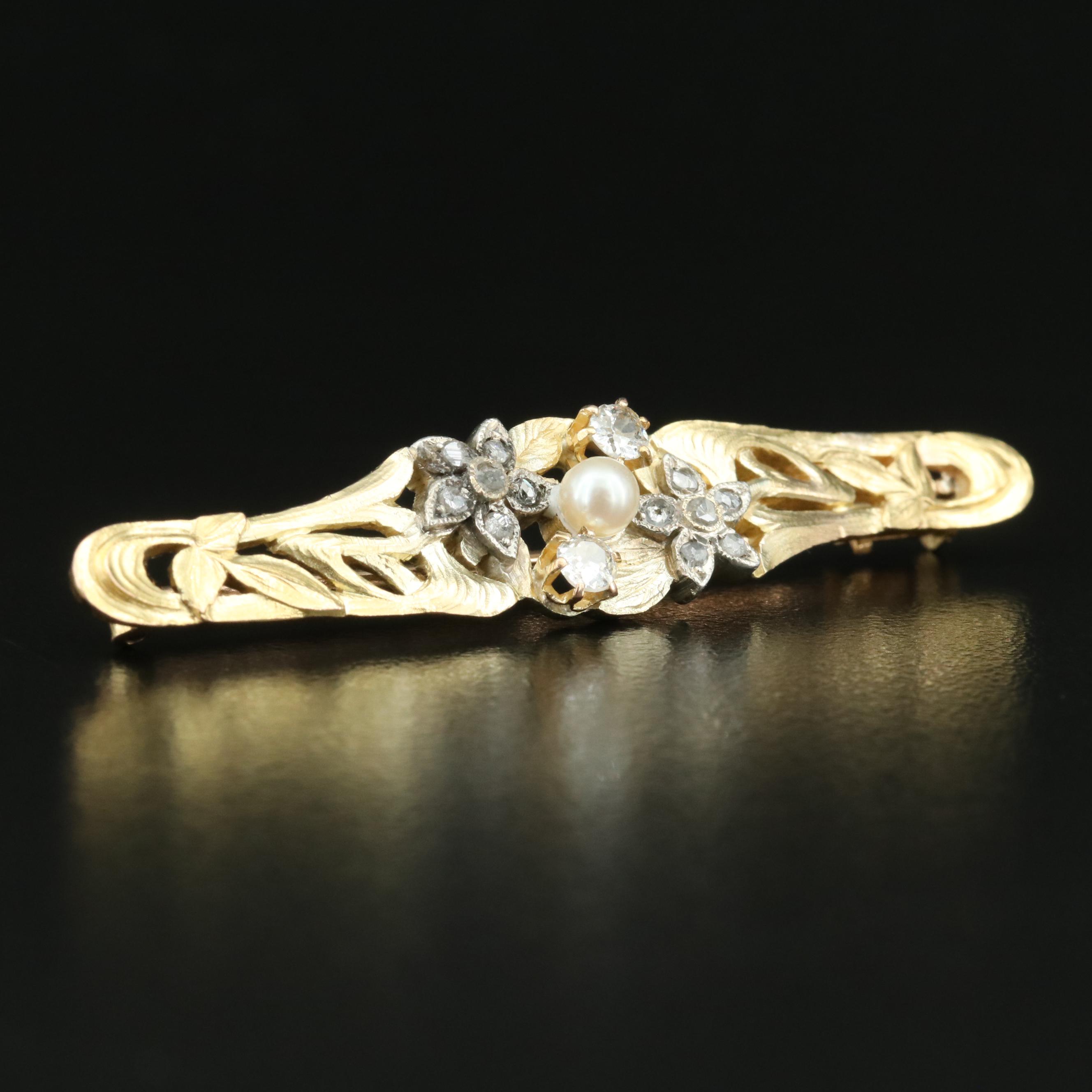 Art Nouveau Style 14K Pearl and Diamond Brooch