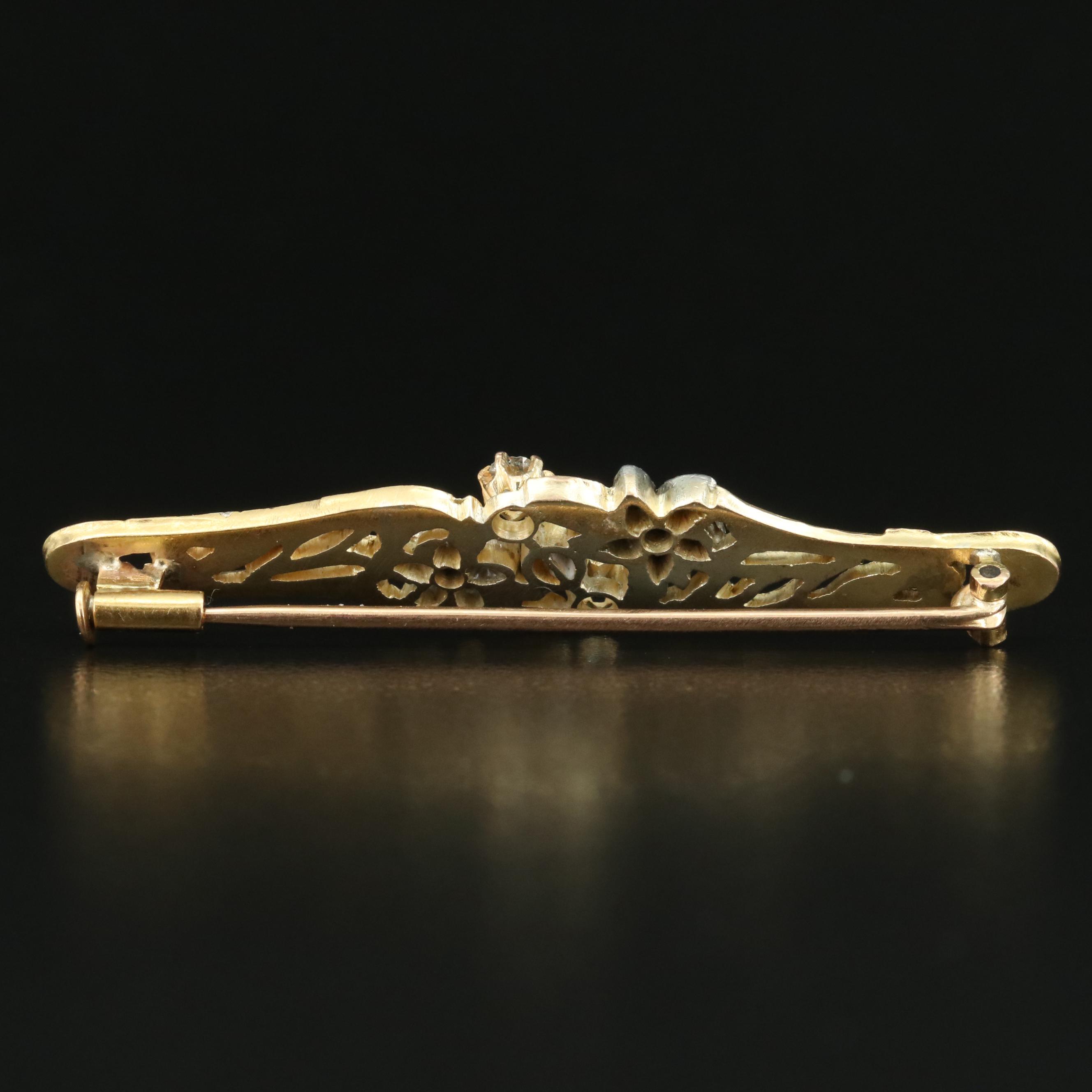 Art Nouveau Style 14K Pearl and Diamond Brooch