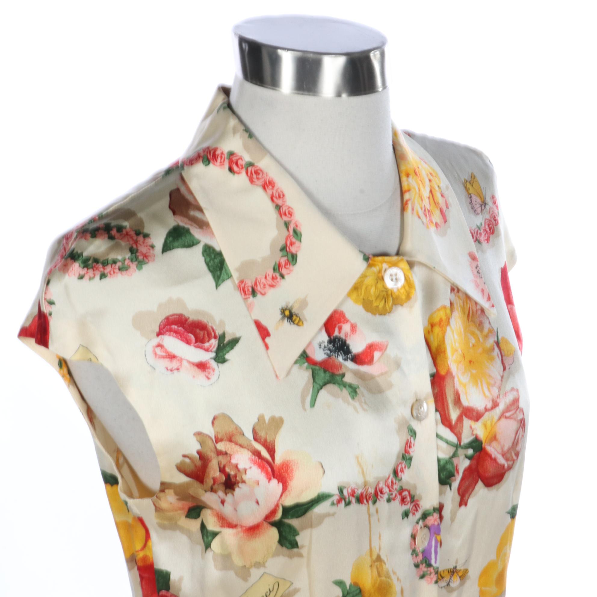 Gucci Cap Sleeve Blouse in Floral and Insect Print Silk