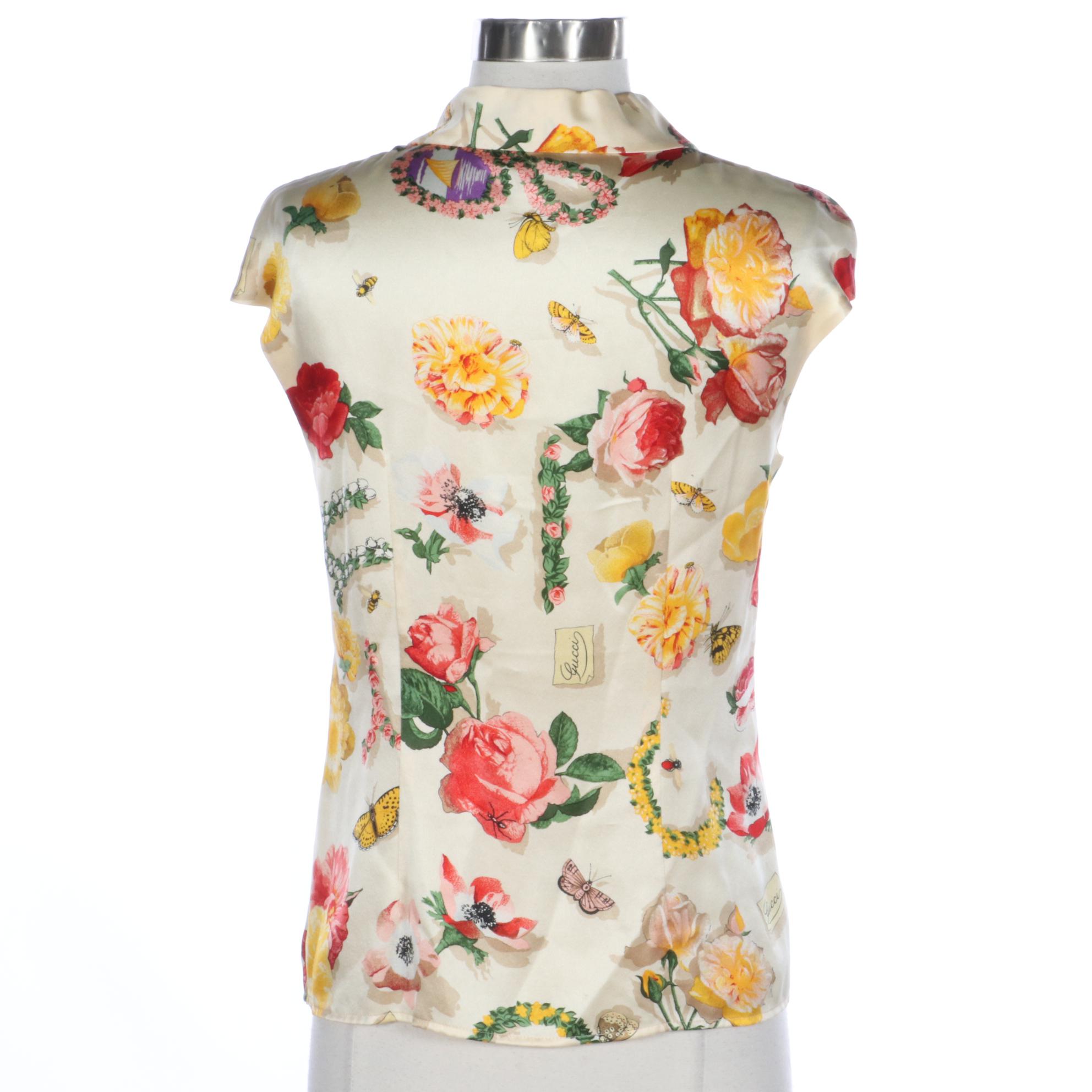 Gucci Cap Sleeve Blouse in Floral and Insect Print Silk