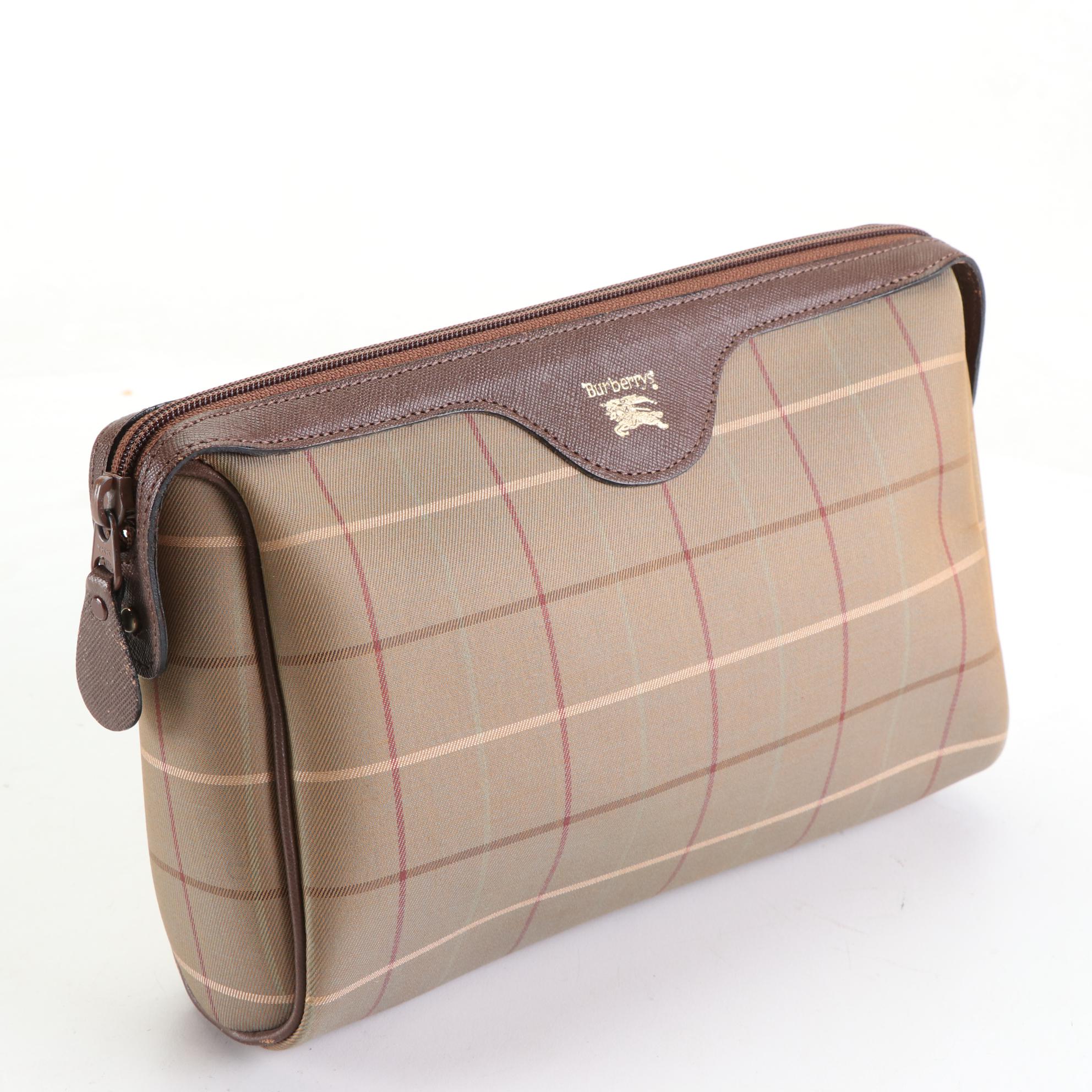 Burberrys Clutch Pouch in Plaid Canvas with Saffiano Leather Trim