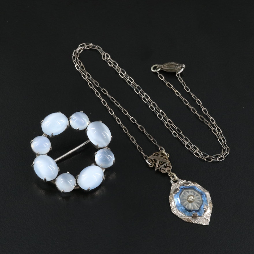 Vintage Glass and Rhinestone Pendant Necklace and Brooch