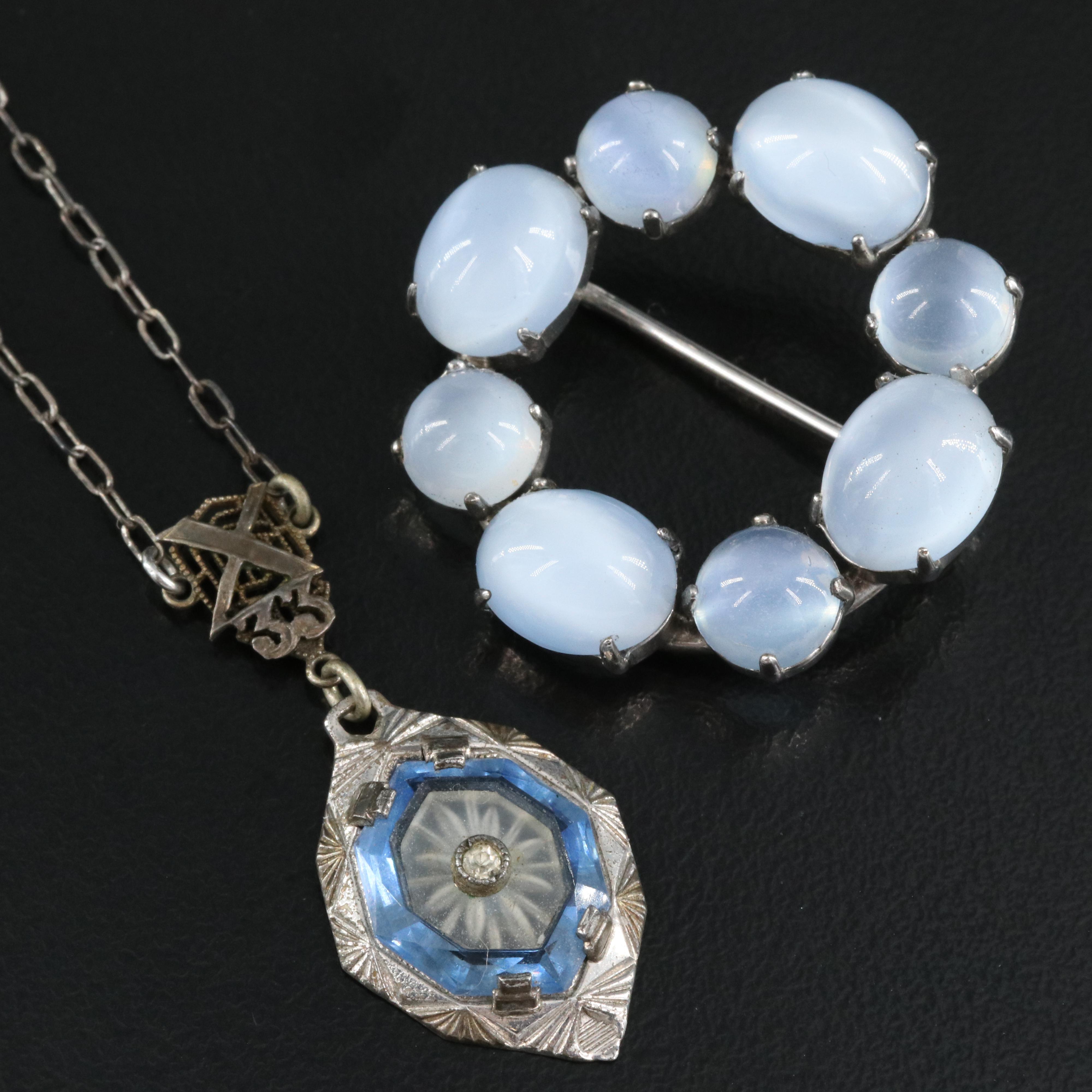 Vintage Glass and Rhinestone Pendant Necklace and Brooch