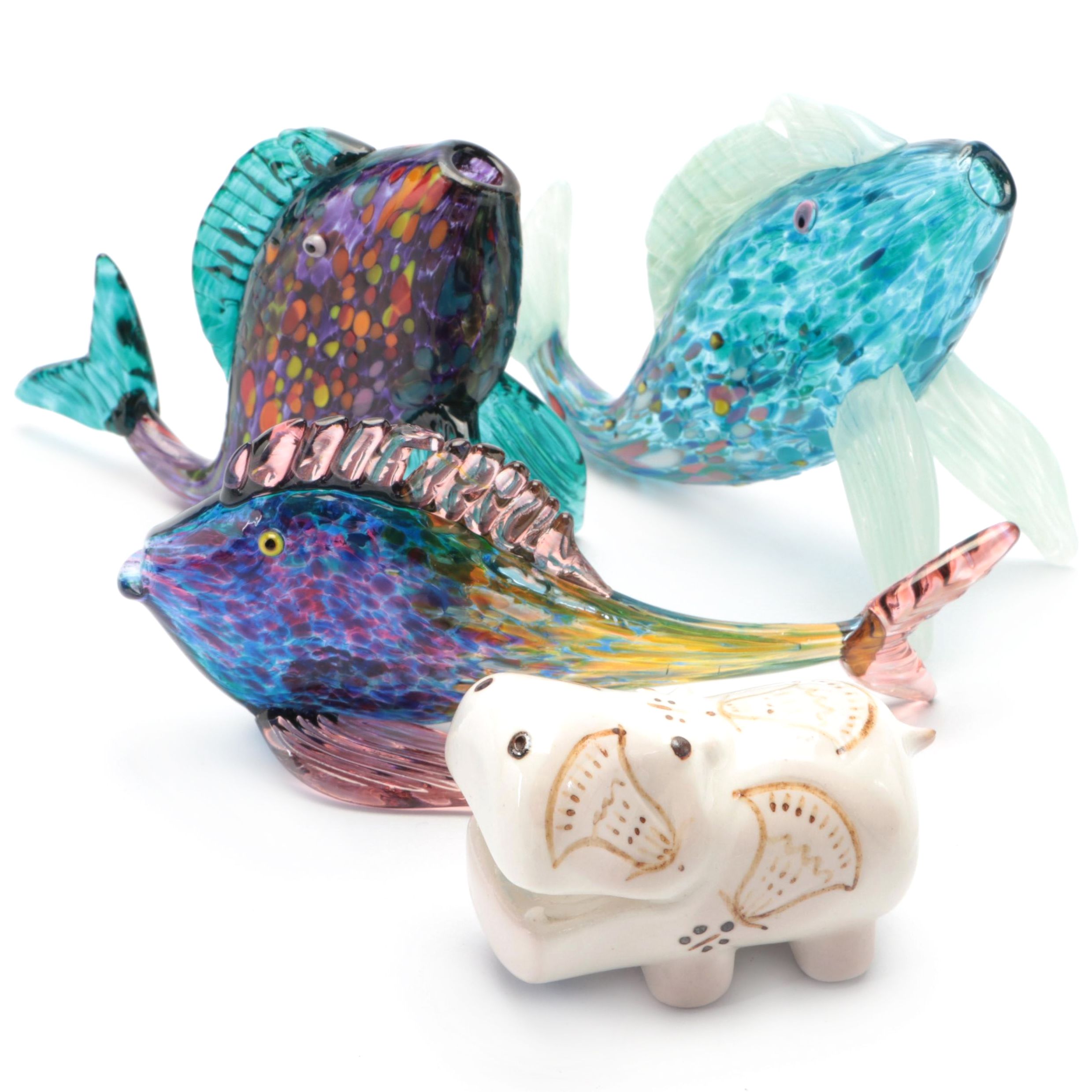 A Qvincum Porcelain Hippo and Other Art Glass Fish Figurines, Mid-Late 20th C.