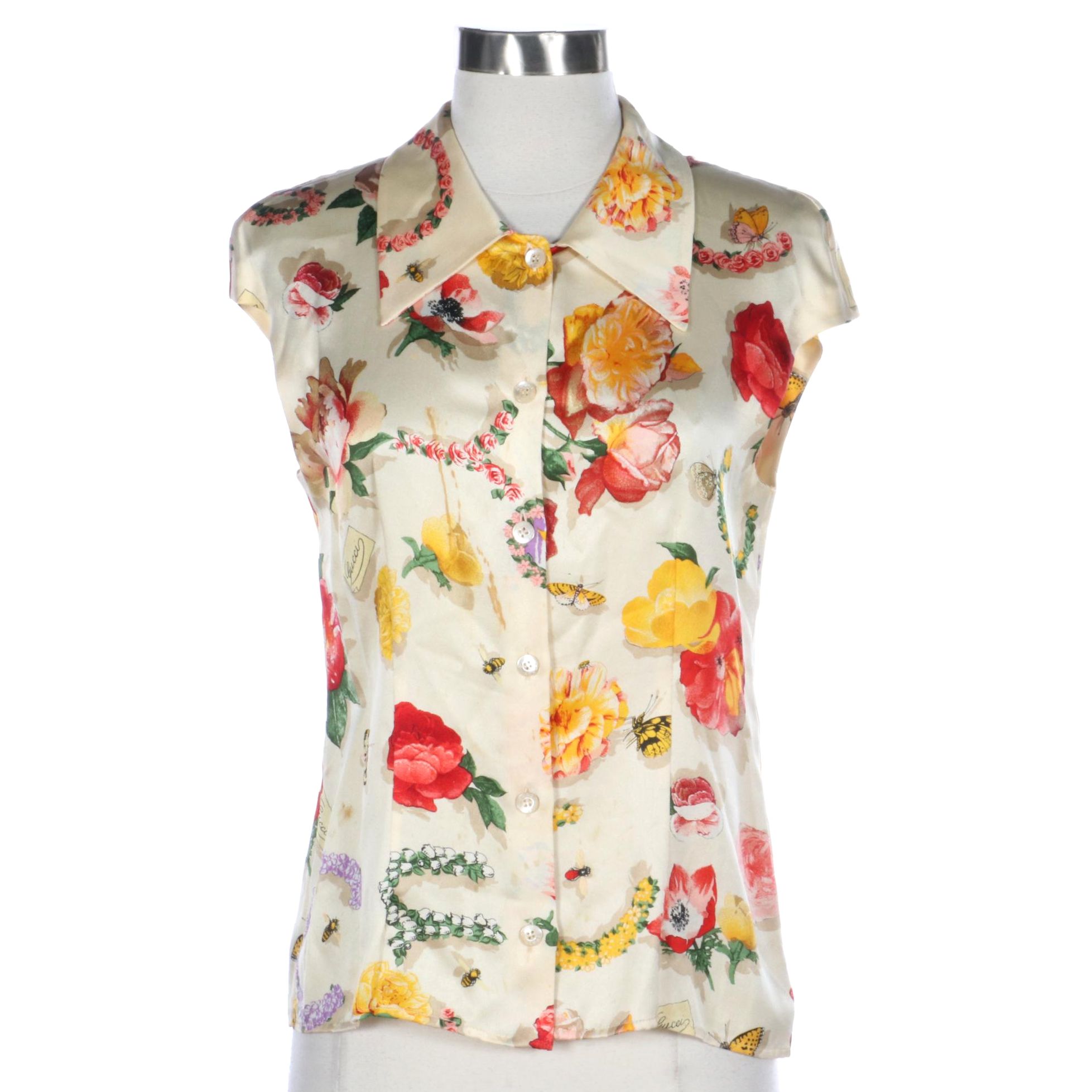 Gucci Cap Sleeve Blouse in Floral and Insect Print Silk