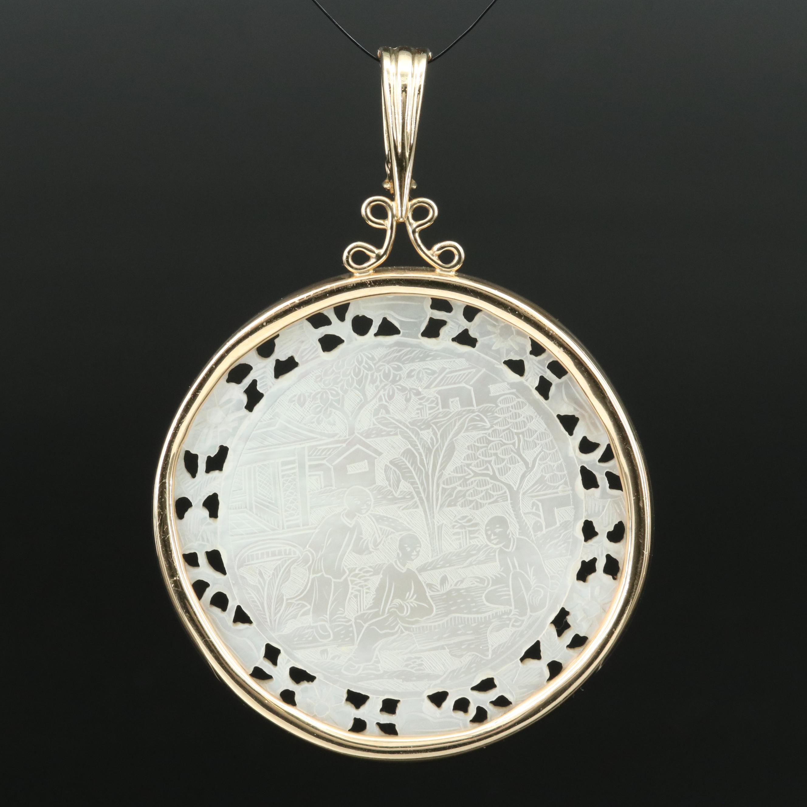 14K Mother-of-Pearl Asian Village Scene Enhancer Pendant