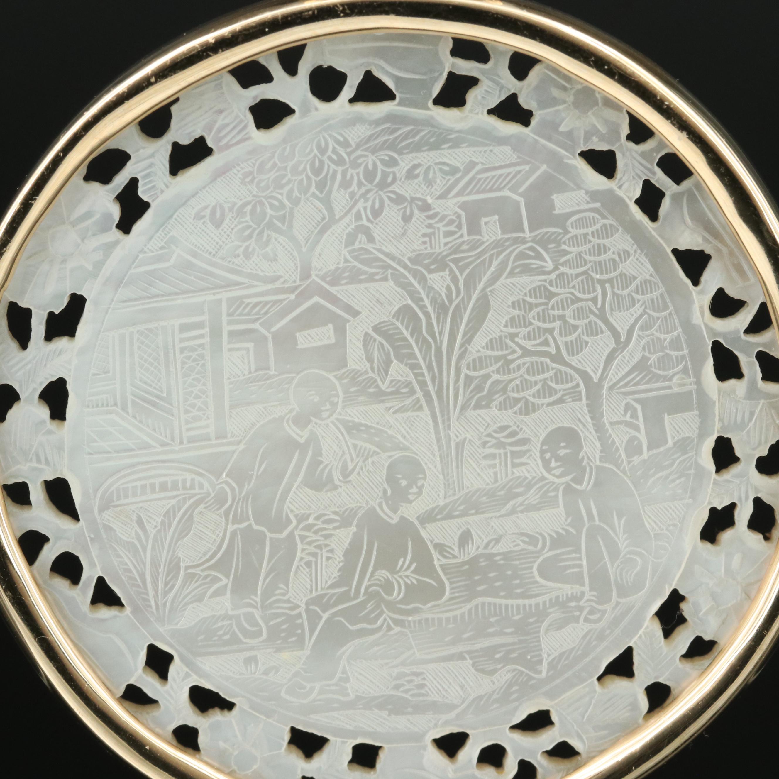 14K Mother-of-Pearl Asian Village Scene Enhancer Pendant