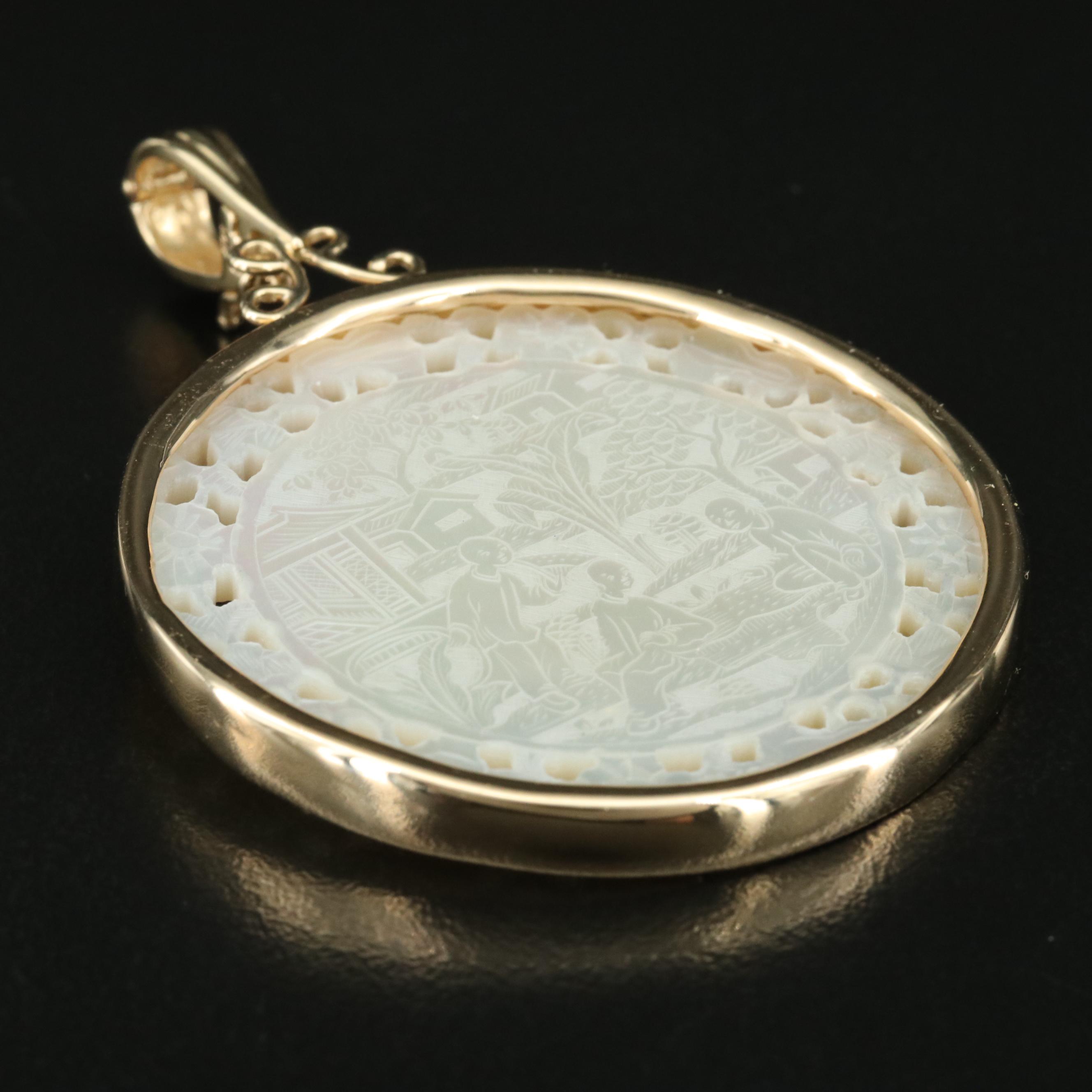 14K Mother-of-Pearl Asian Village Scene Enhancer Pendant