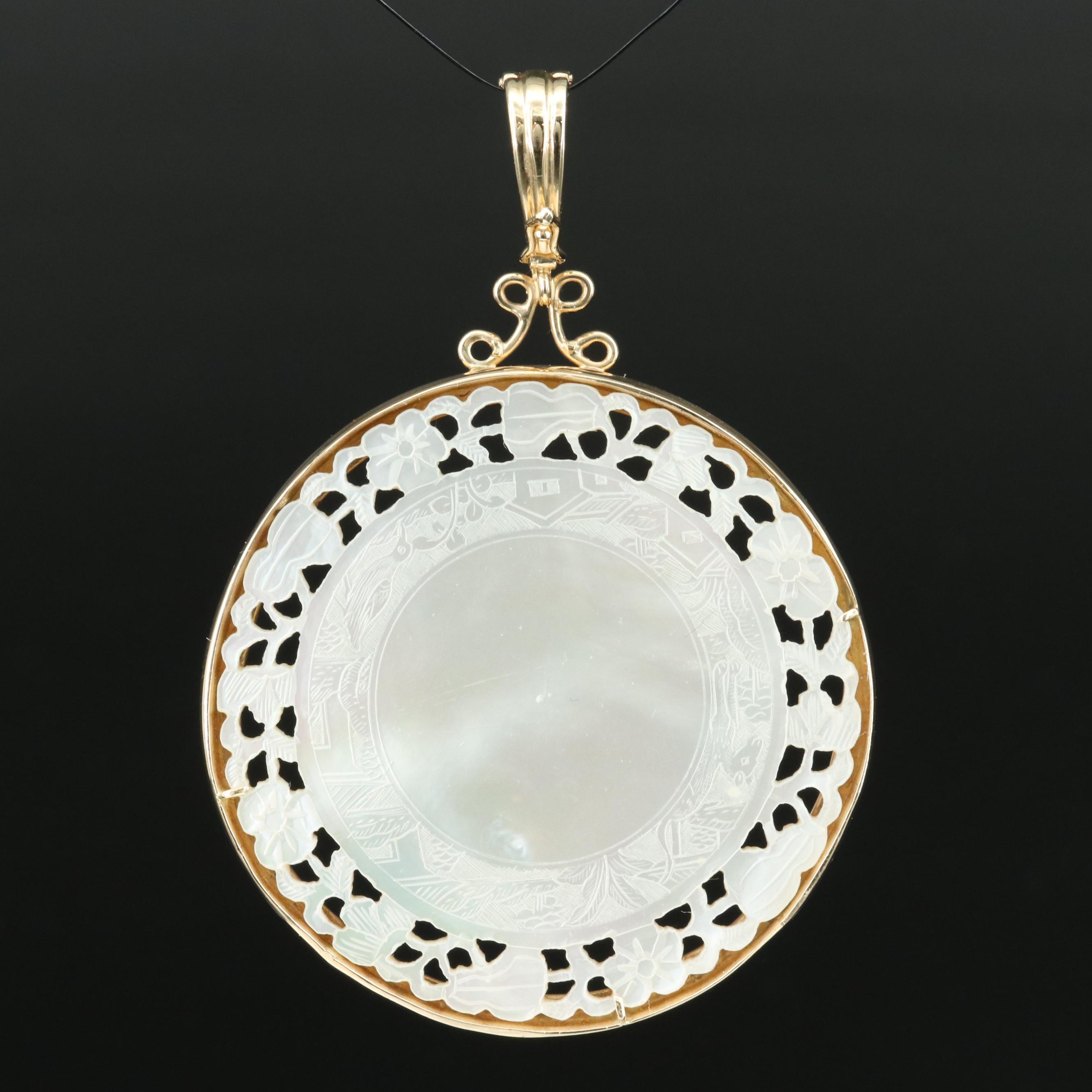 14K Mother-of-Pearl Asian Village Scene Enhancer Pendant