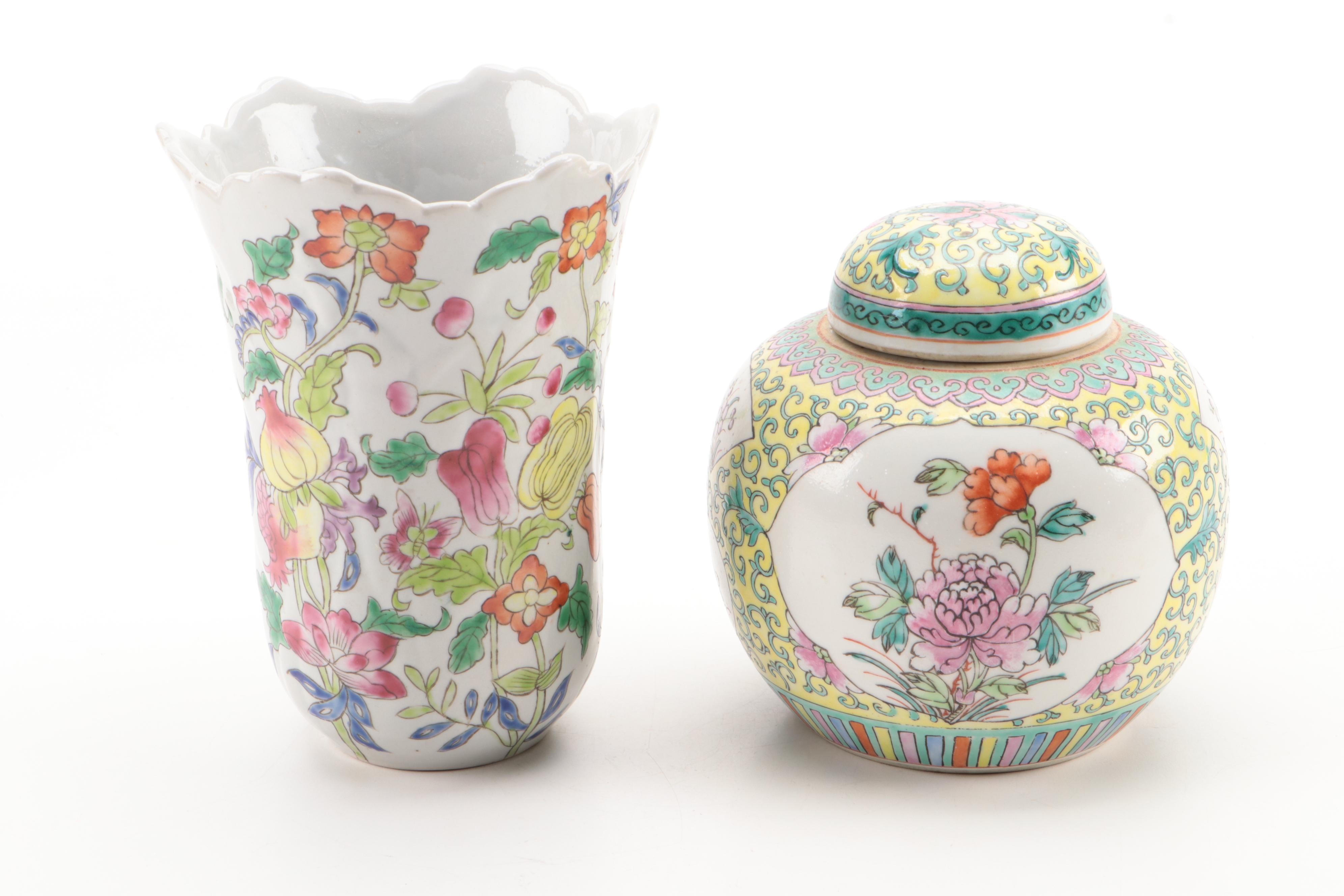 Royal Winton "May" Ceramic Plates with Chinese Porcelain Vases