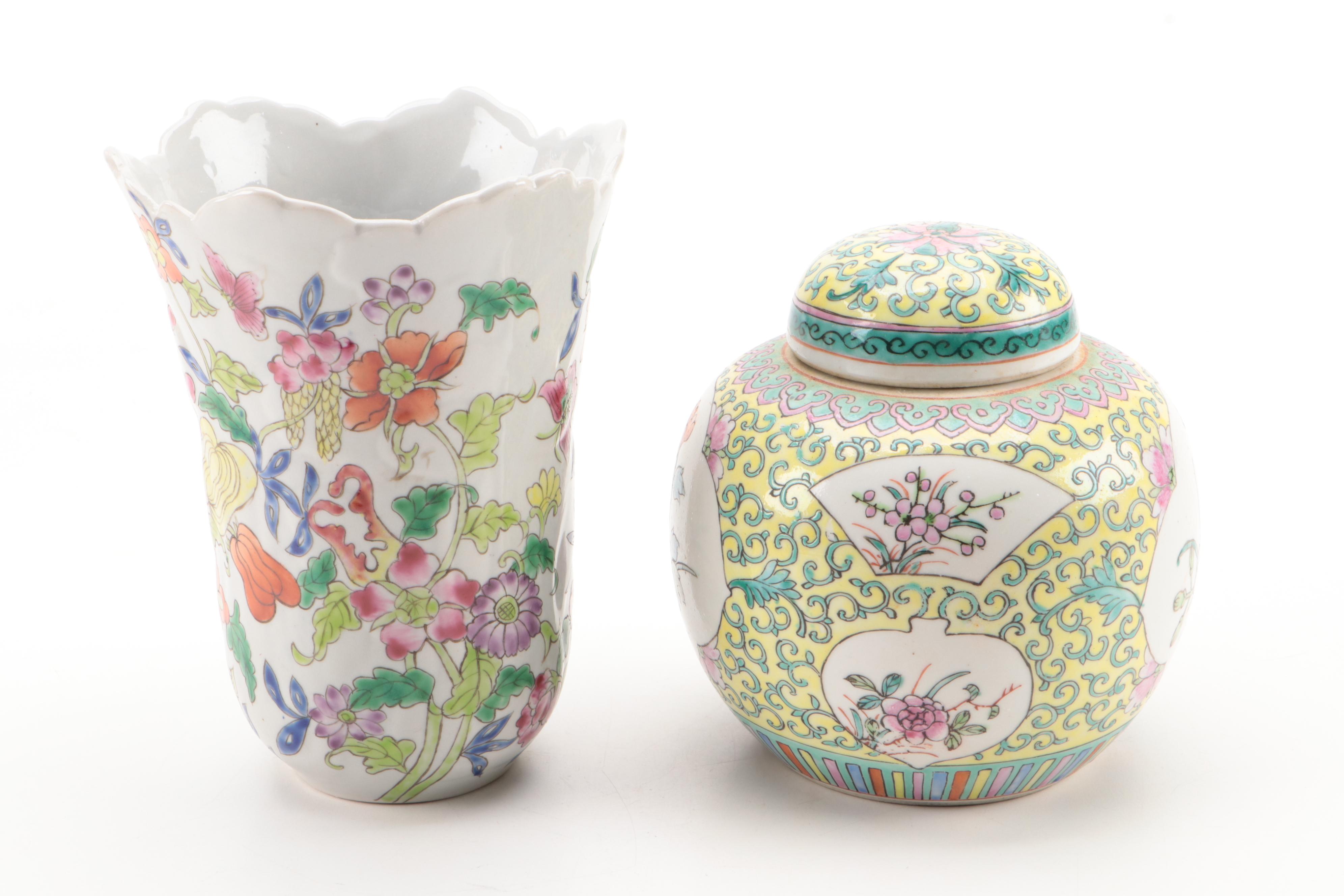 Royal Winton "May" Ceramic Plates with Chinese Porcelain Vases