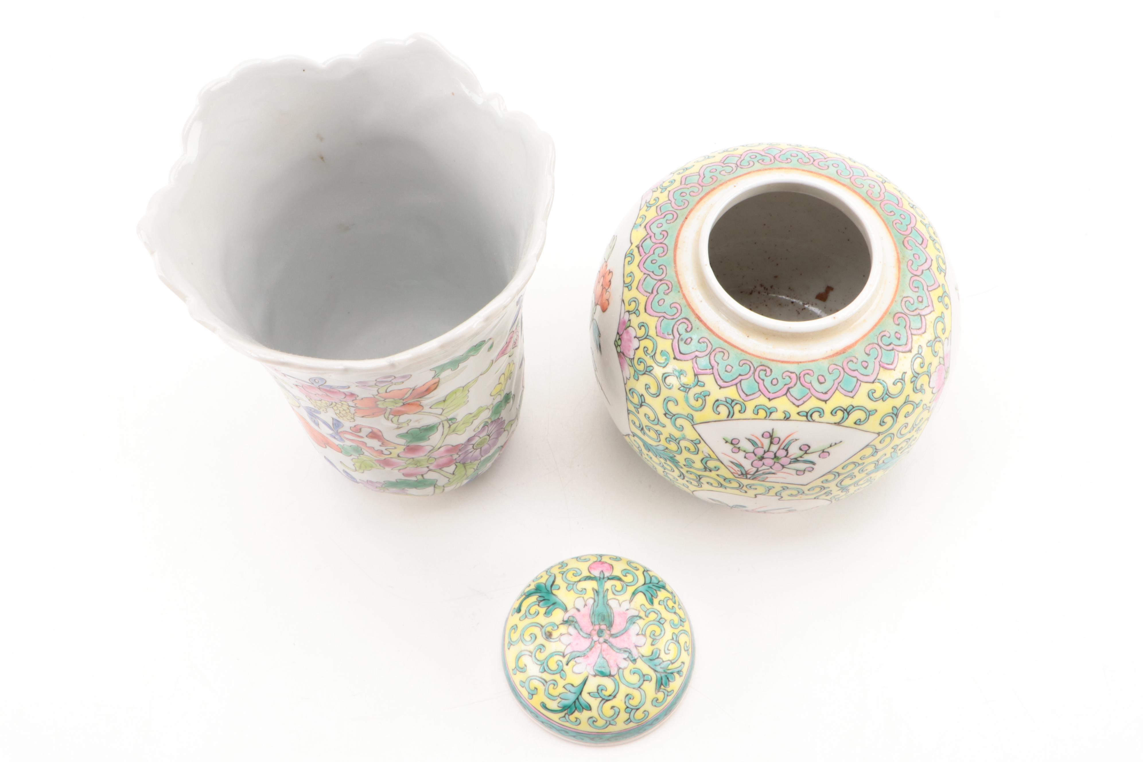 Royal Winton "May" Ceramic Plates with Chinese Porcelain Vases