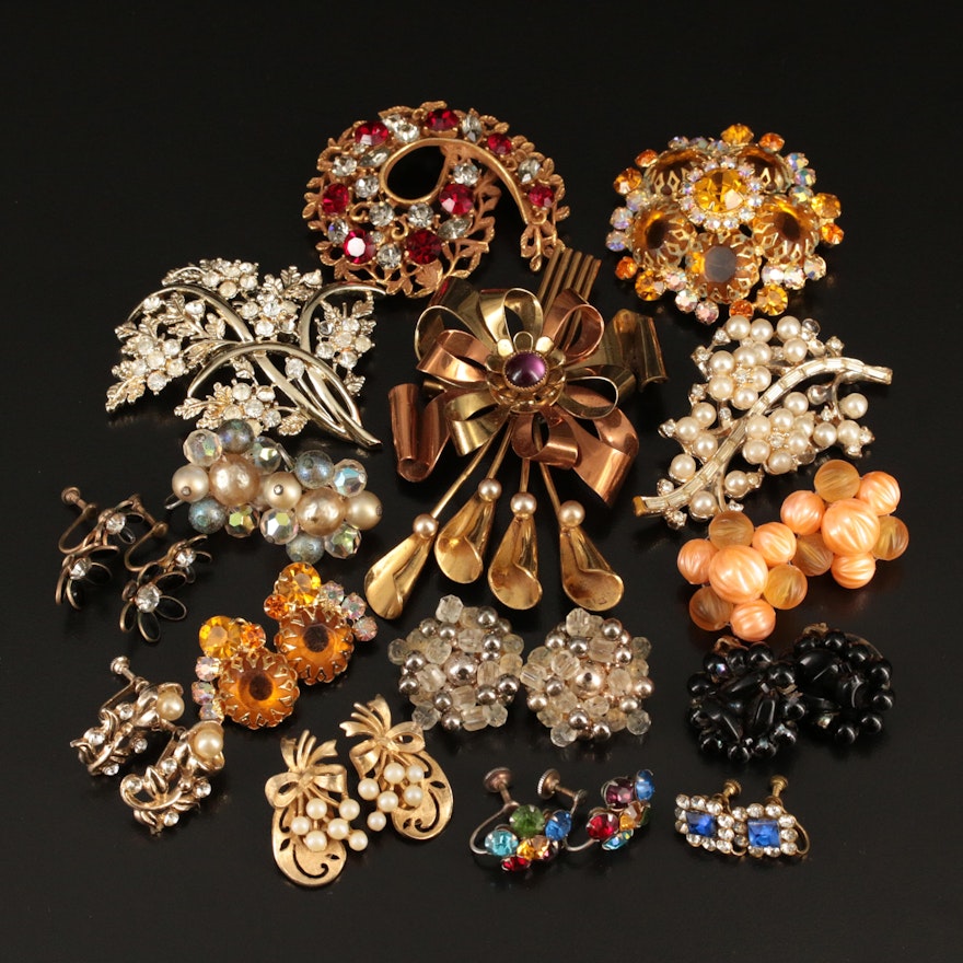 Earring and Brooch Collection Including Rhinestones and Faux Pearl