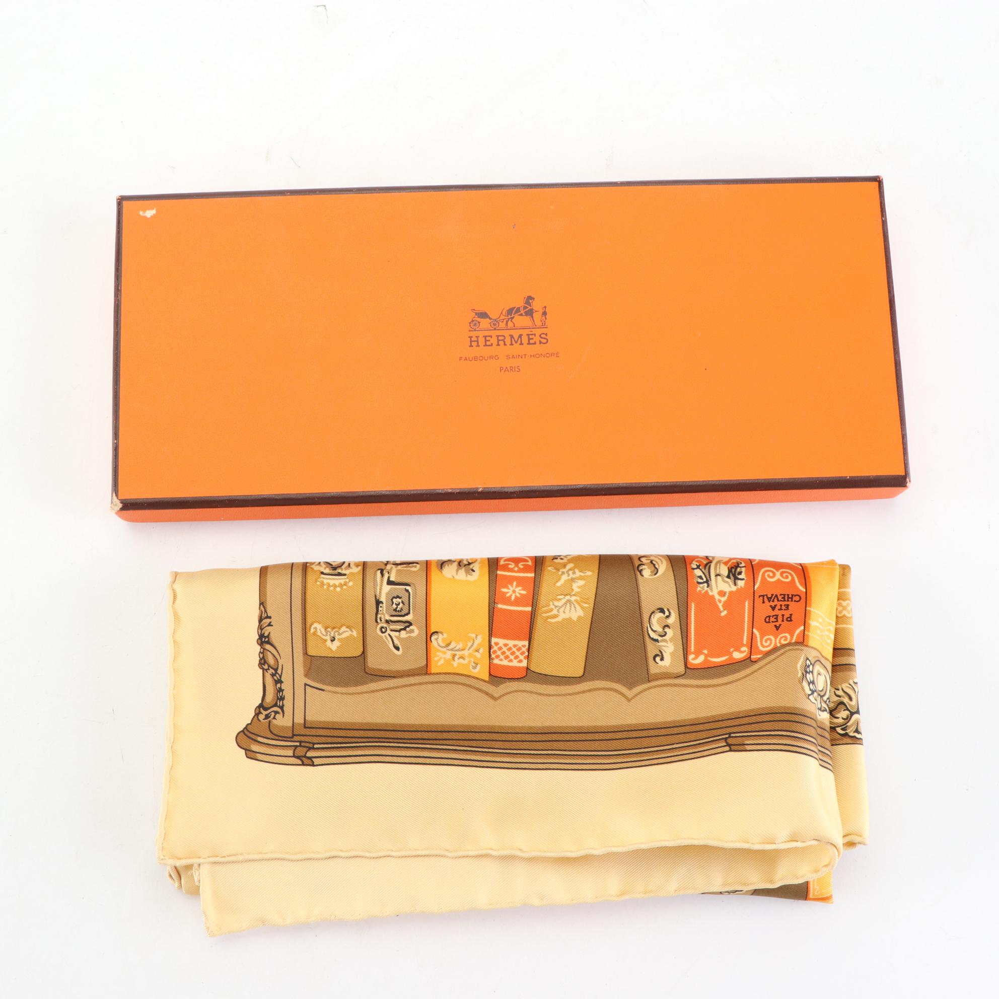 Hermès "Bibliothèque" Silk Twill Pocket Square with Box