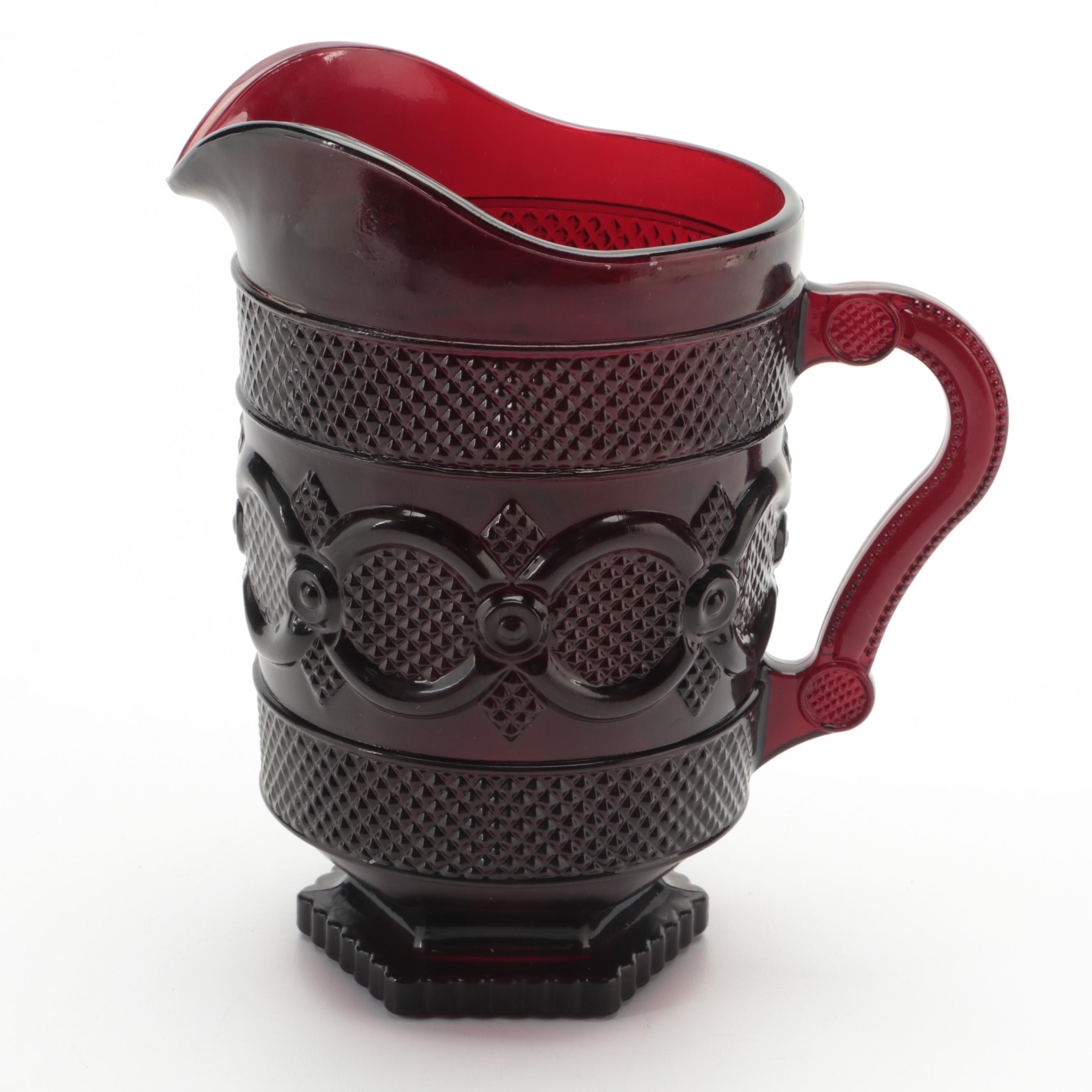 Avon "Cape Cod" Ruby Pressed Glass Pitcher and Footed Mugs, 1975–1992