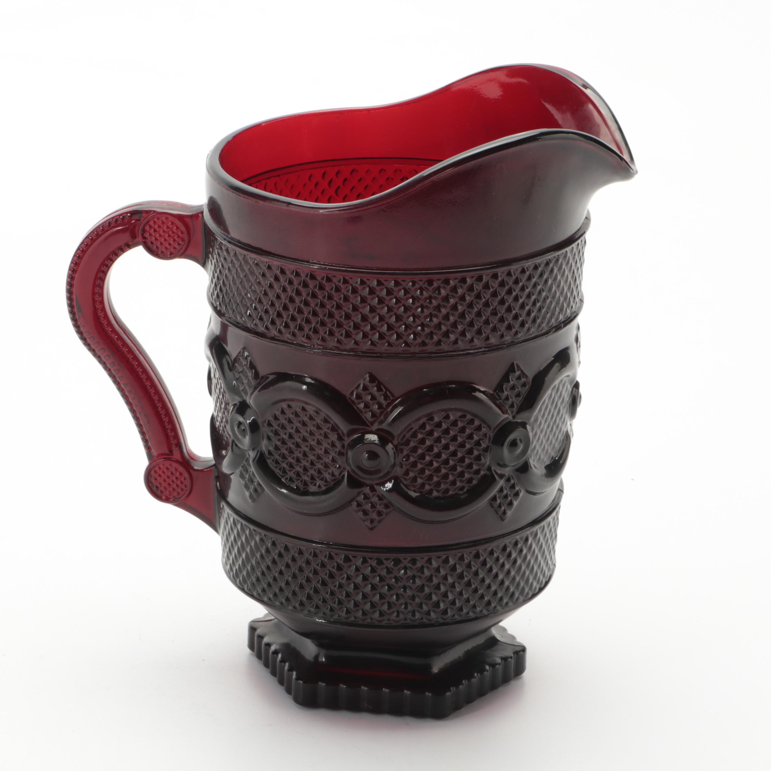 Avon "Cape Cod" Ruby Pressed Glass Pitcher and Footed Mugs, 1975–1992