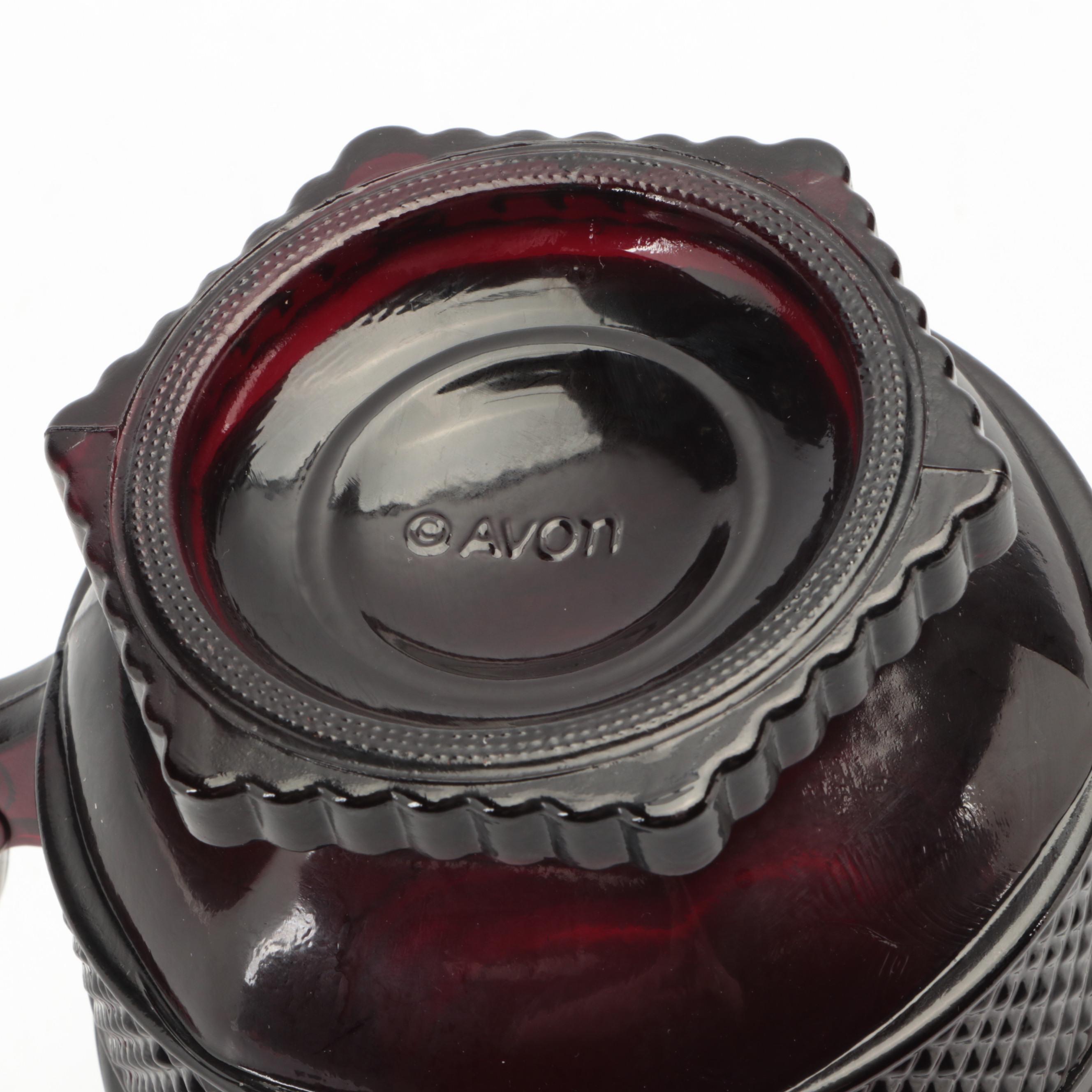 Avon "Cape Cod" Ruby Pressed Glass Pitcher and Footed Mugs, 1975–1992