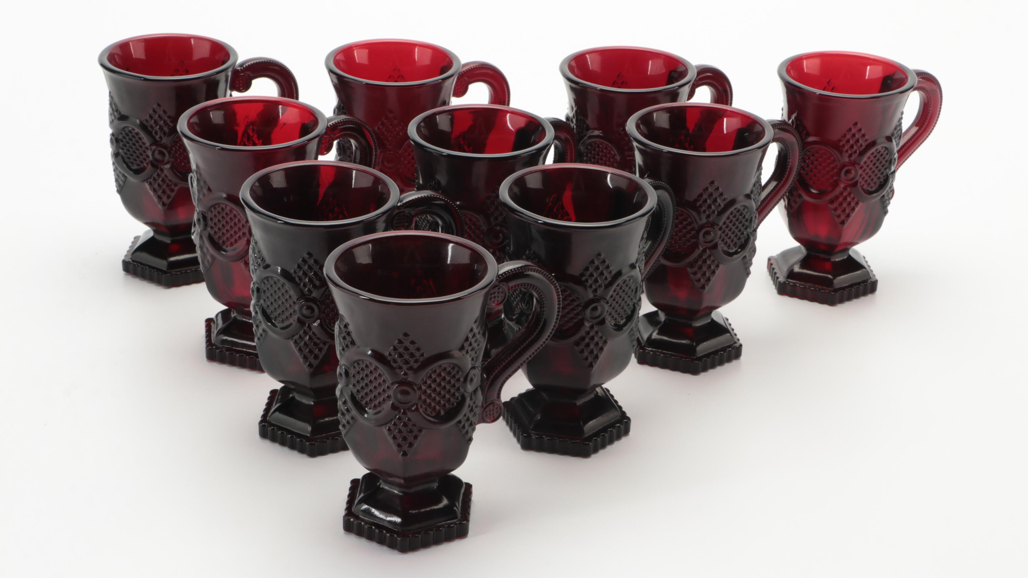 Avon "Cape Cod" Ruby Pressed Glass Pitcher and Footed Mugs, 1975–1992