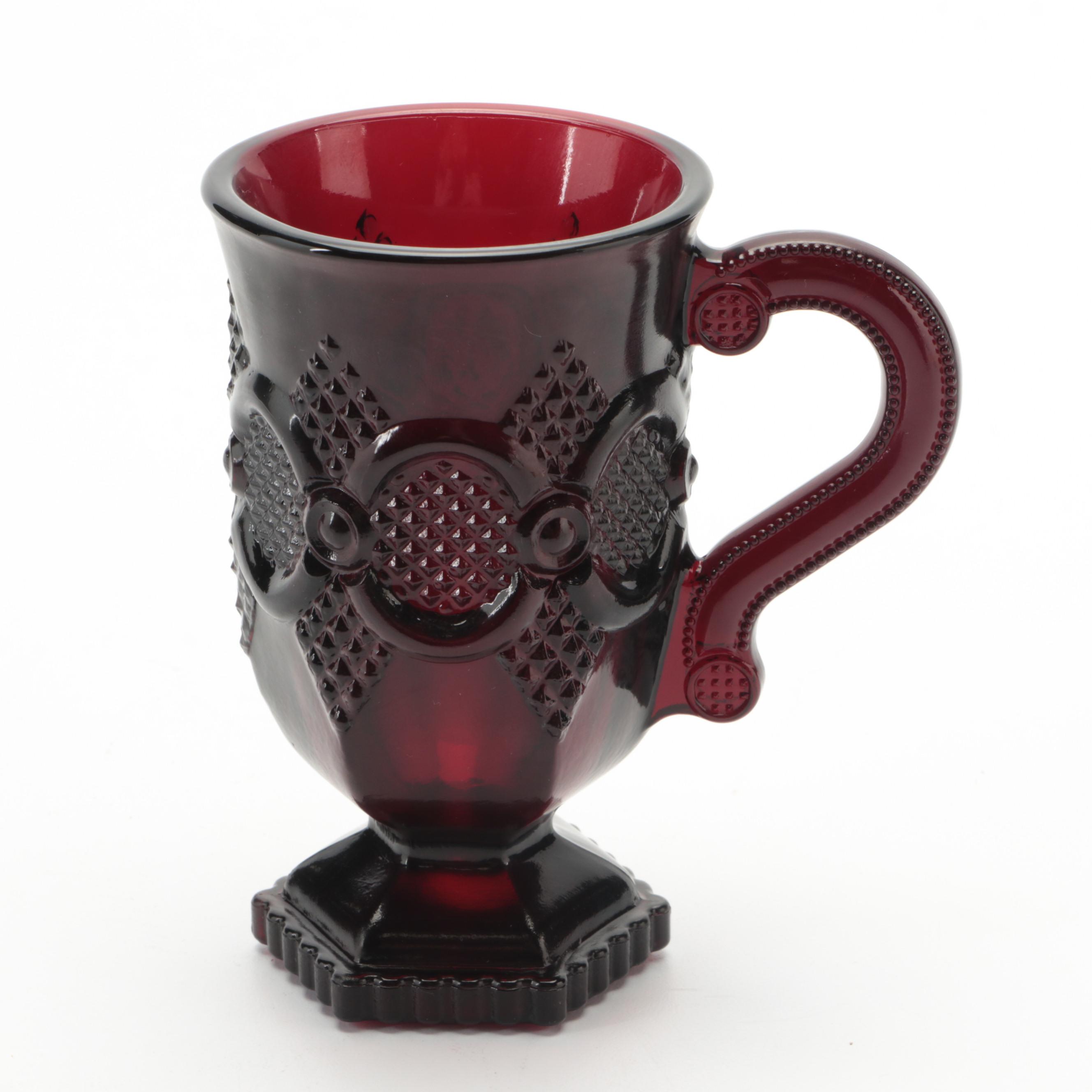 Avon "Cape Cod" Ruby Pressed Glass Pitcher and Footed Mugs, 1975–1992