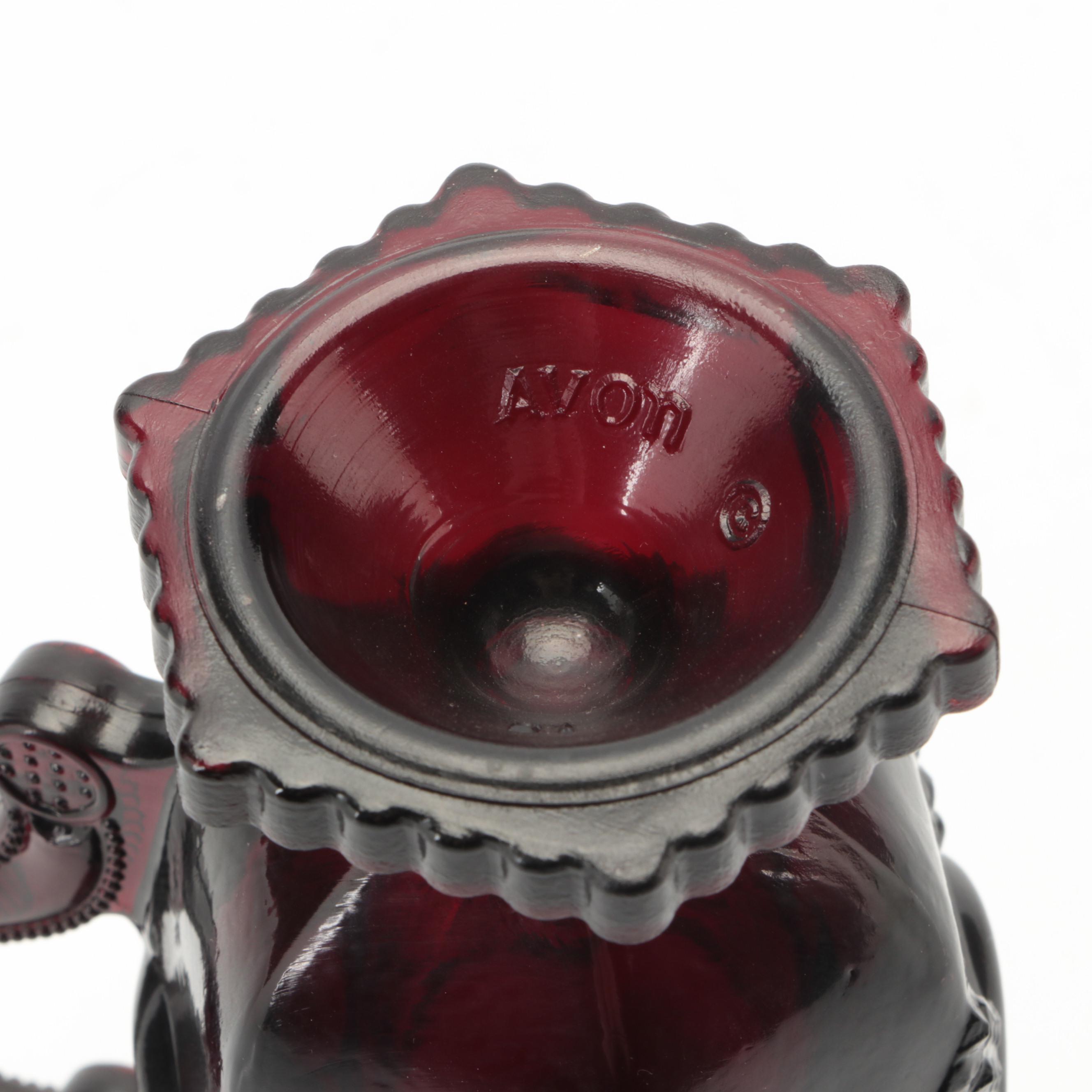 Avon "Cape Cod" Ruby Pressed Glass Pitcher and Footed Mugs, 1975–1992