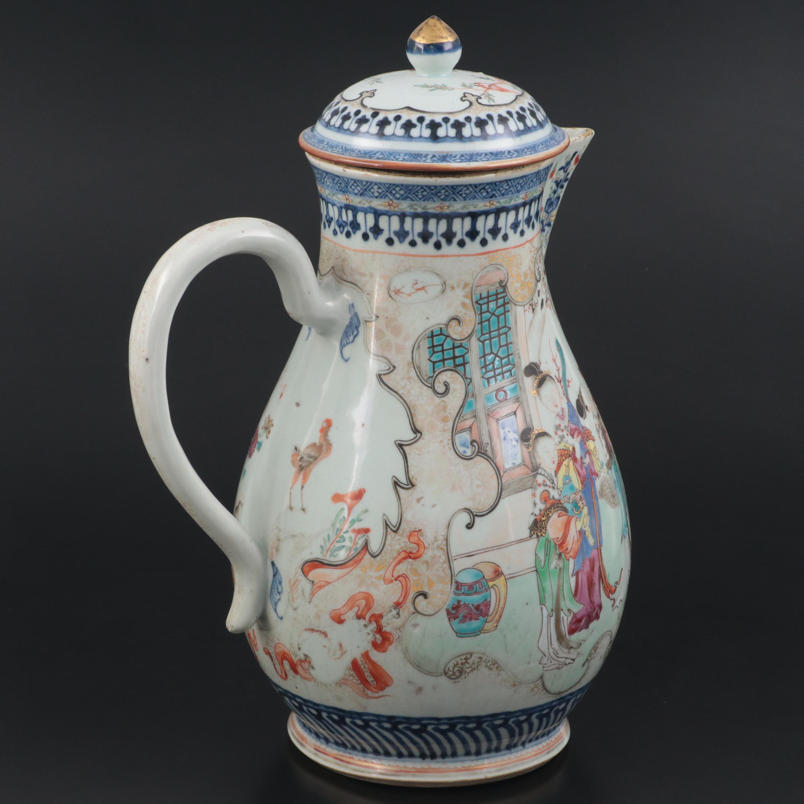 Chinese Export Porcelain Nanking Border Famille Rose Coffee Pot