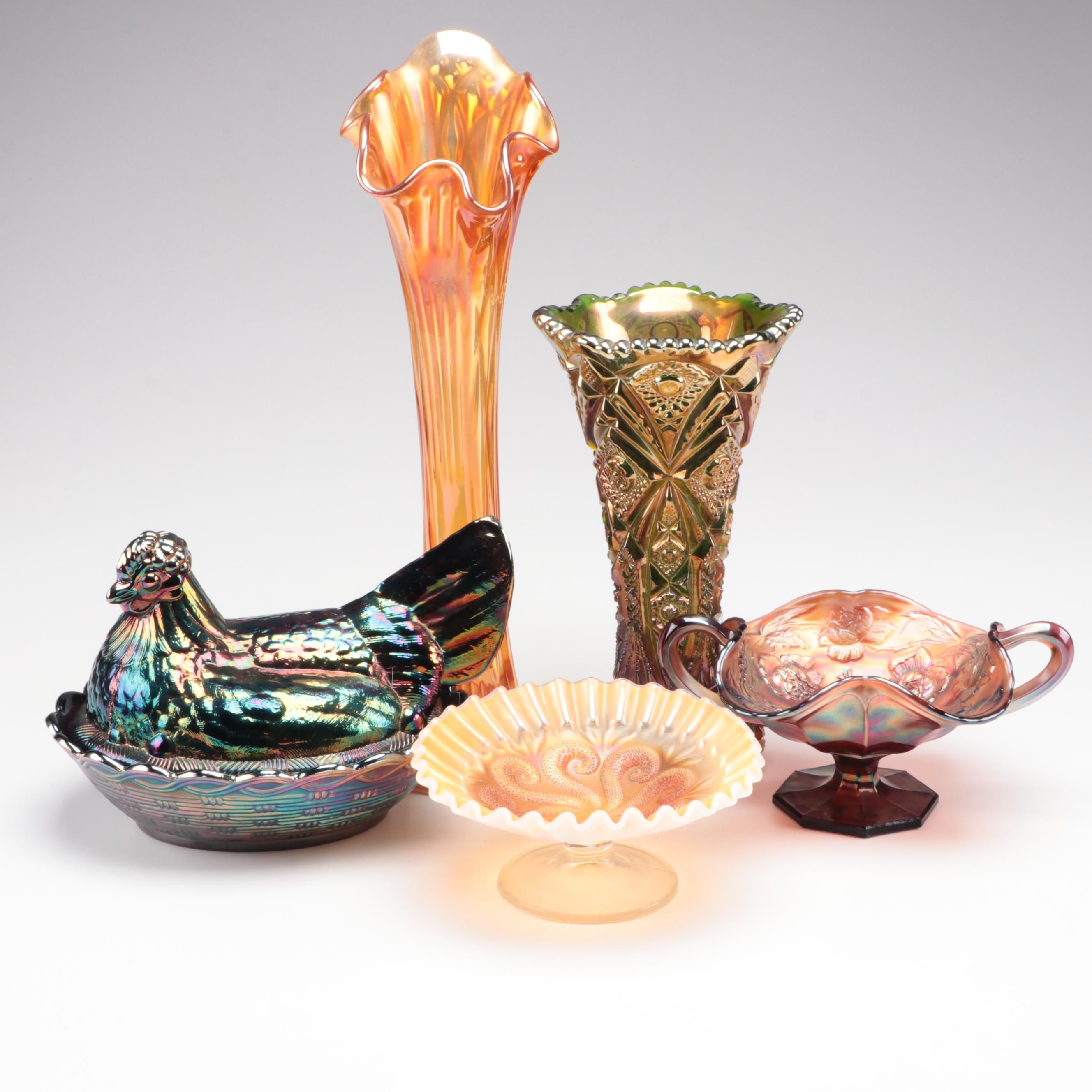 Imperial Glass Vase with Other Carnival Glass Tableware, Mid to Late 20th C.