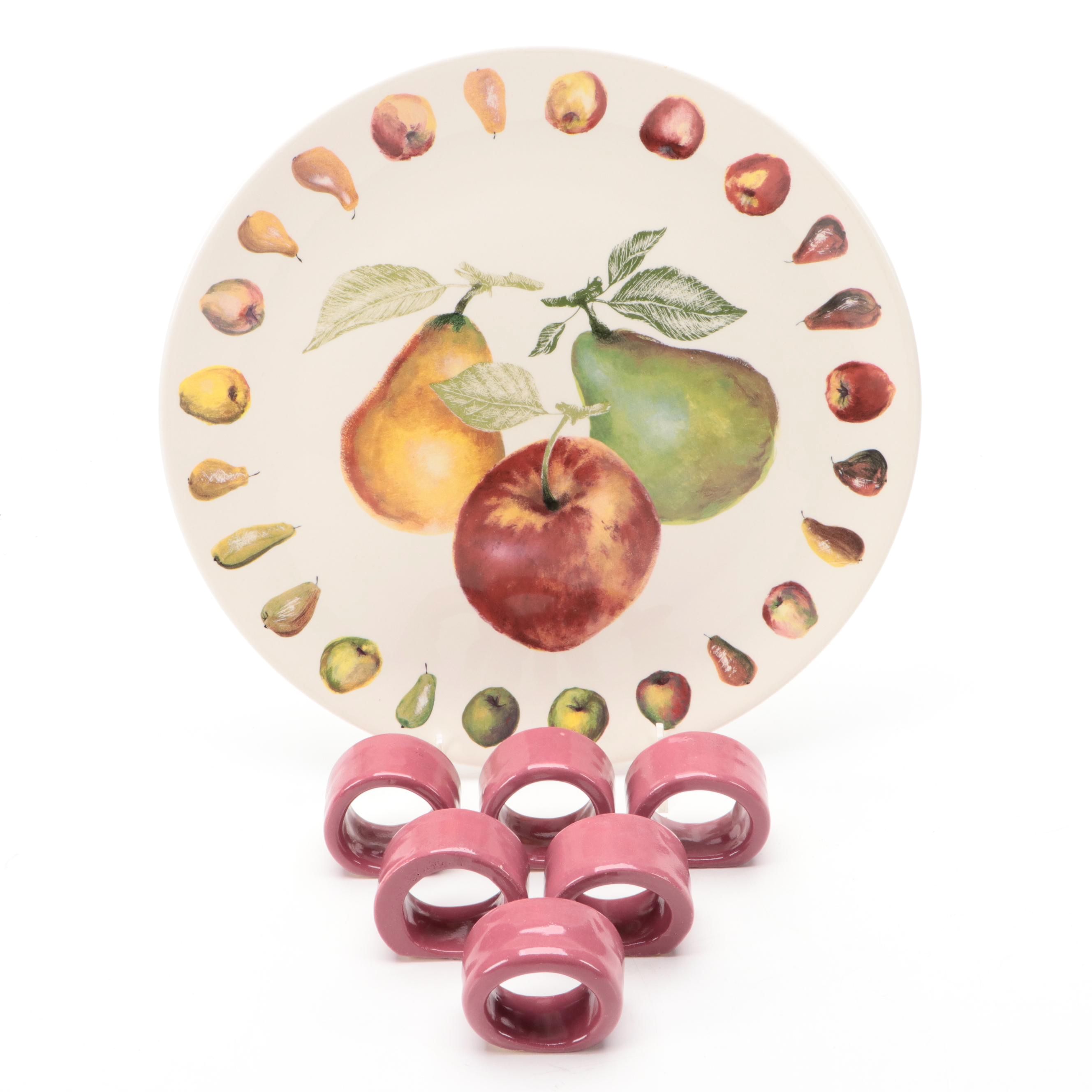 Faiencerie De Gien "Belle Hélène" Platter with Mulberry Glazed Napkin Rings