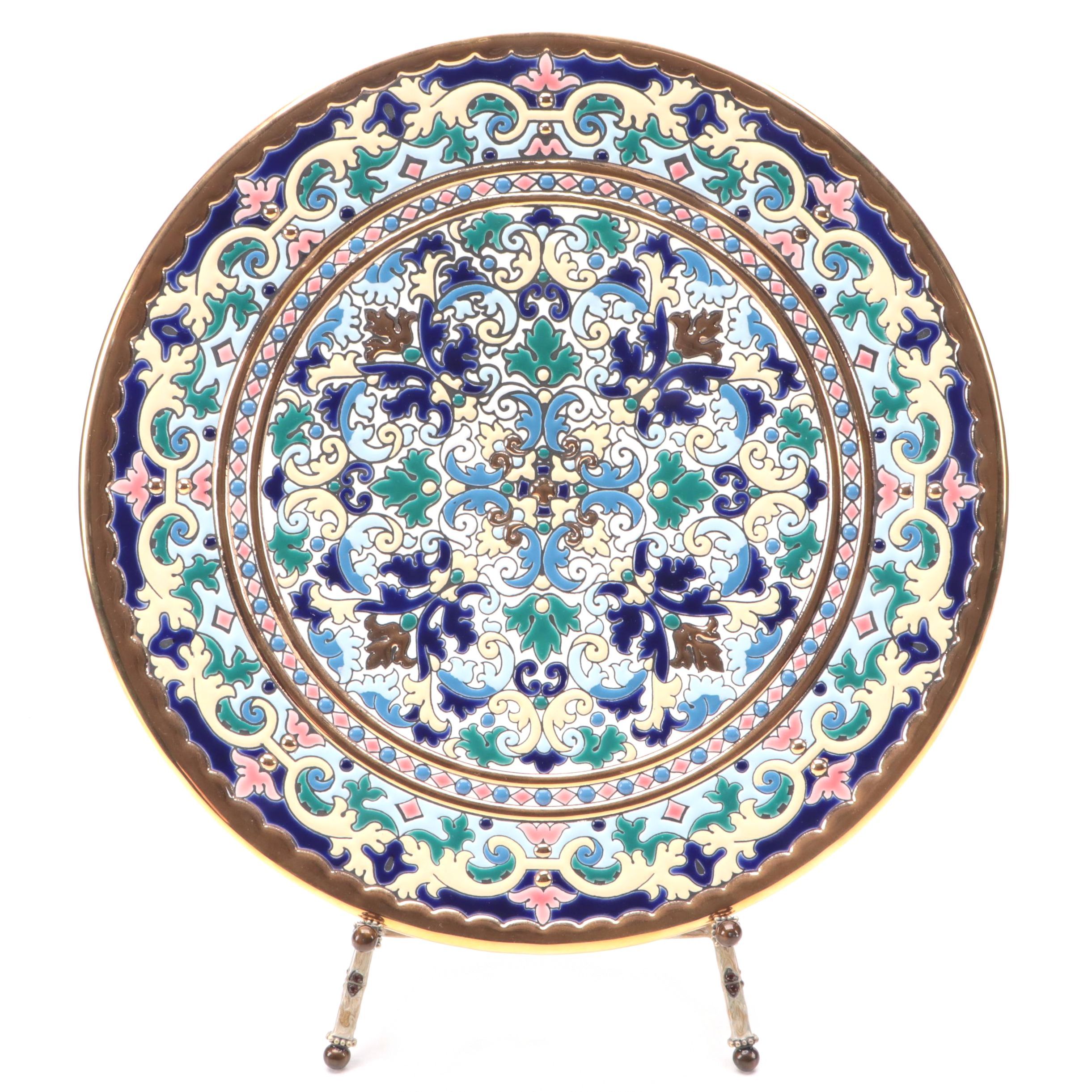 Cearco Spanish Enameled Ceramic Plate with Display Stand