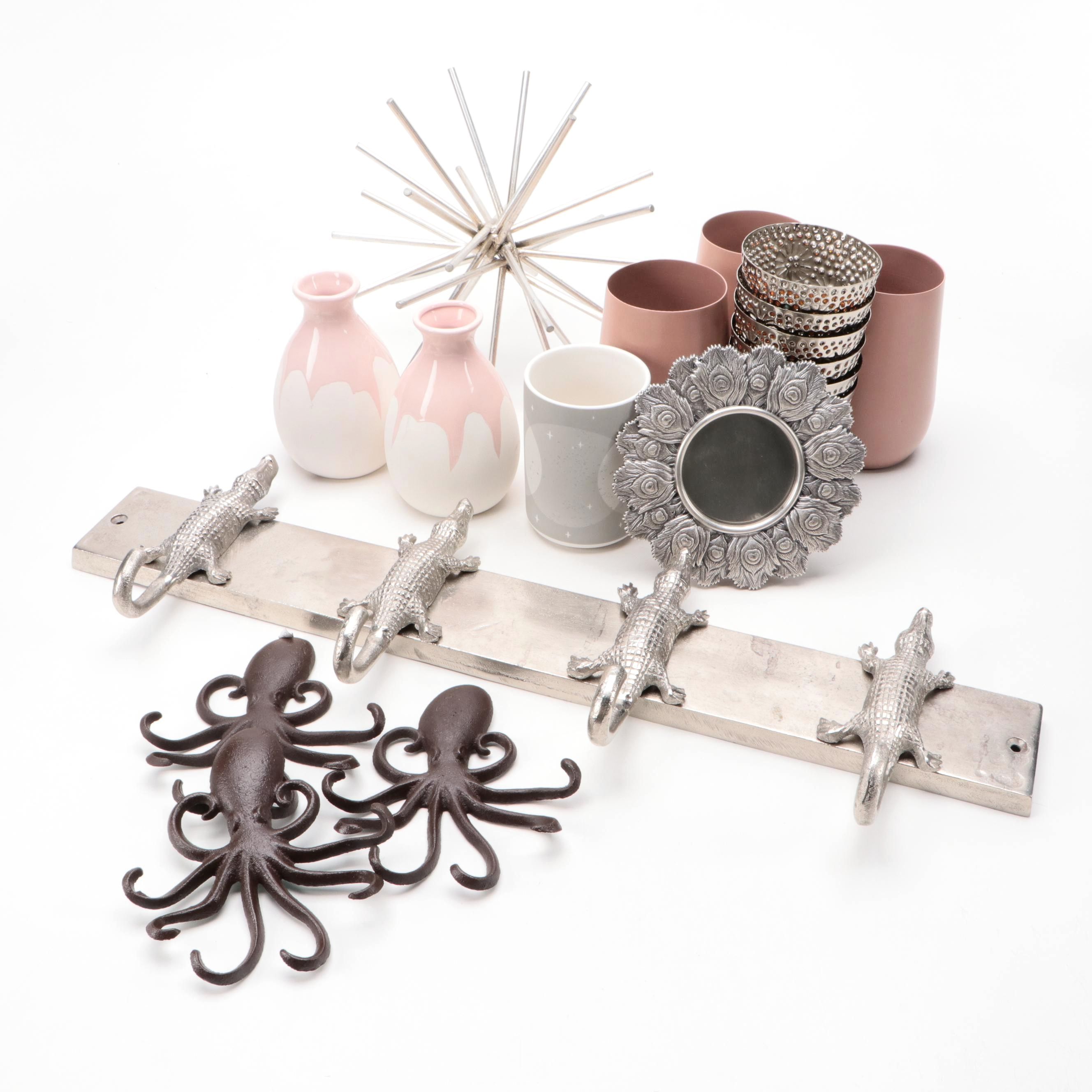 Alligator Wall Hook with Collection of Pink and Silver Table Décor