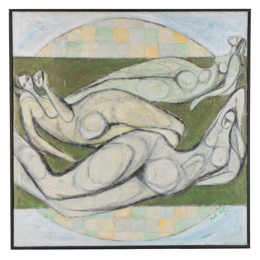Modenist Mixed Media Painting of Reclining Figures