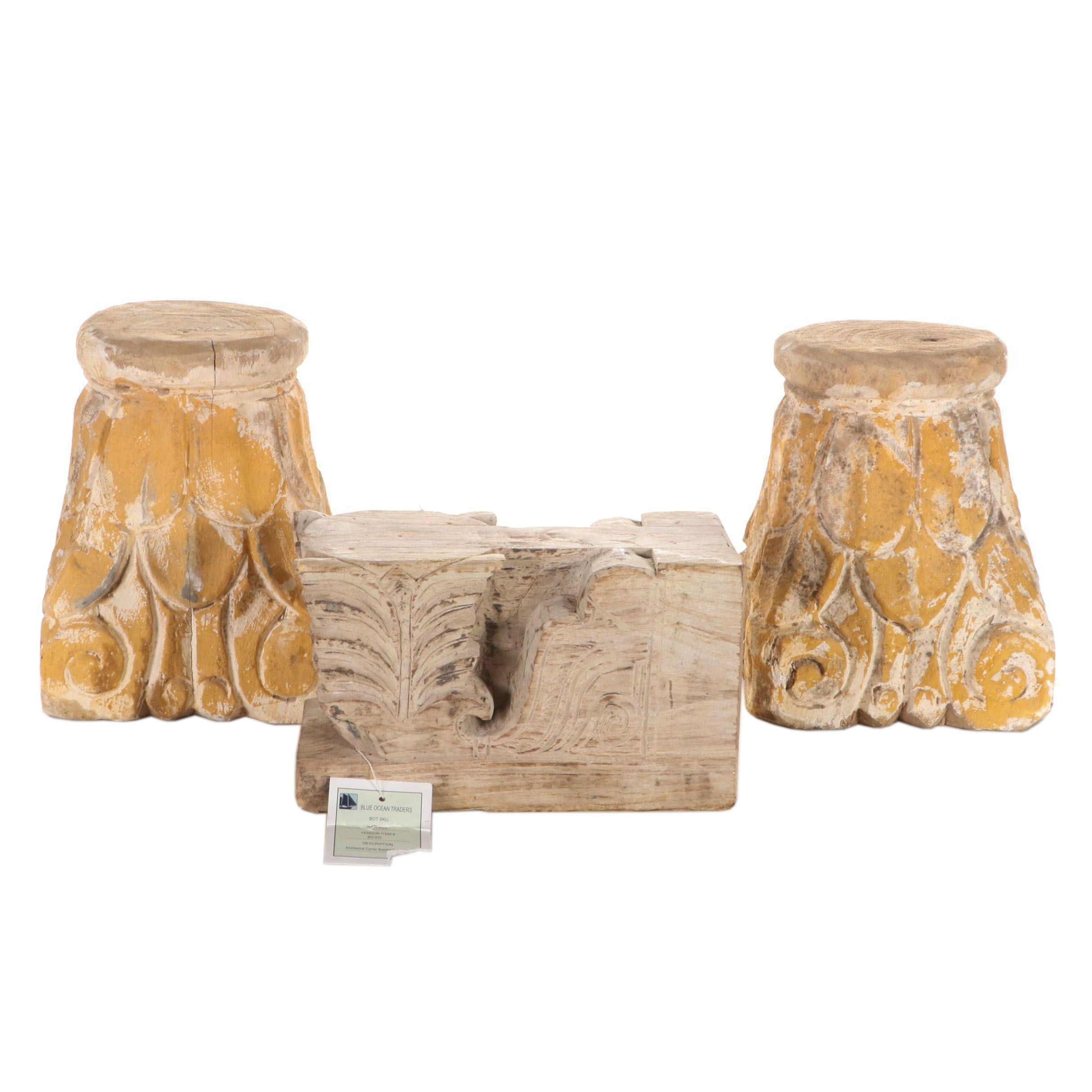 Carved Wood Column Capitals and Foliate Architectural Bracket