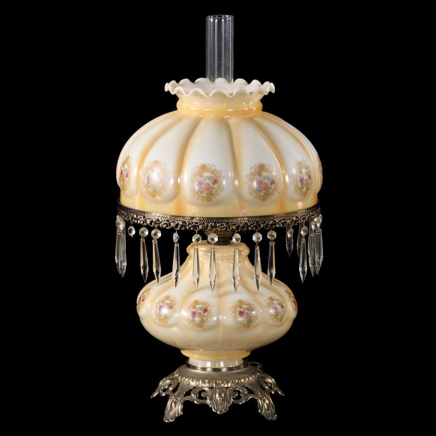 Paint-Decorated Glass Parlor Lamp, Mid-20th Century