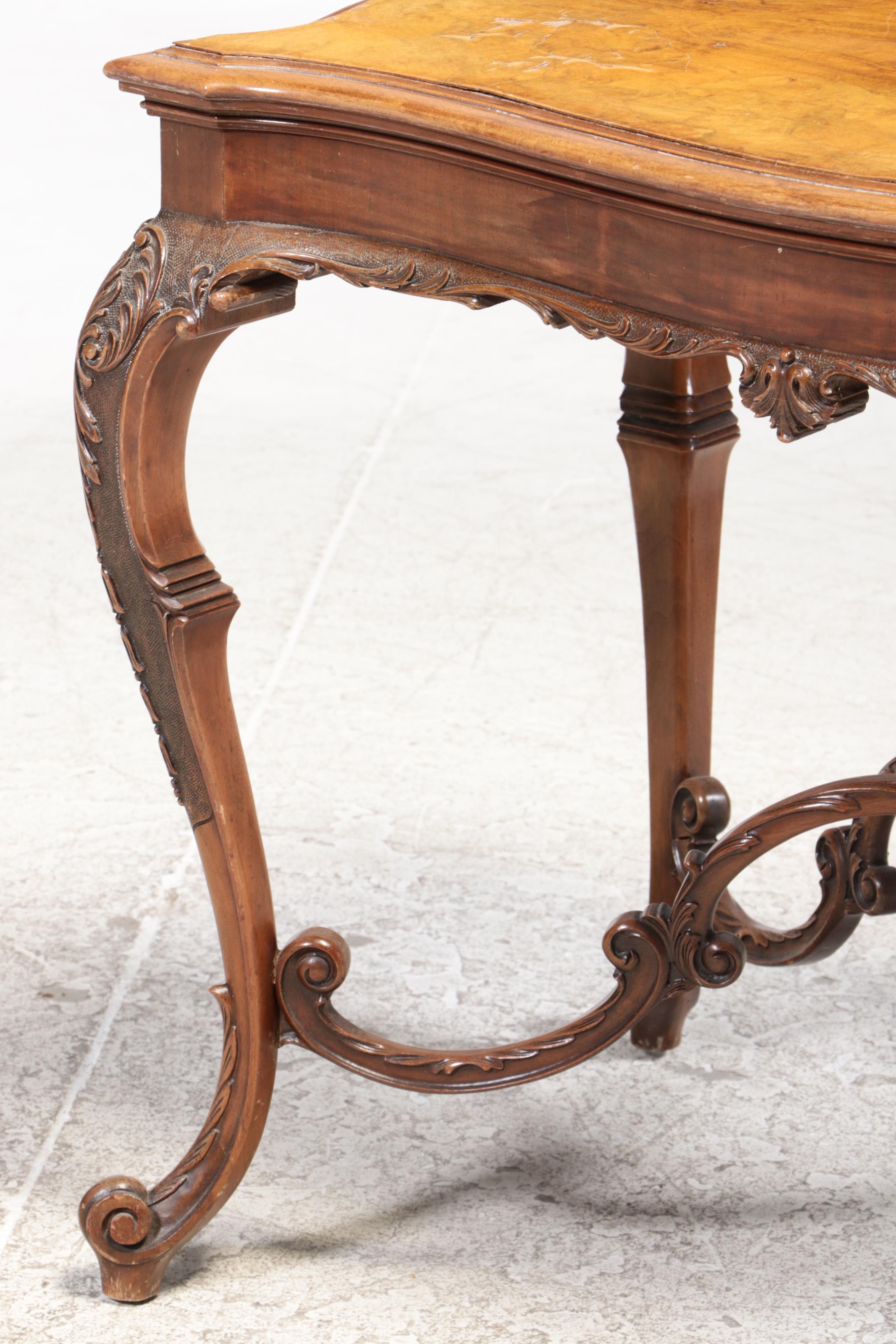 Carved Queen Anne Style Table with Book Matched Burled Wood Top