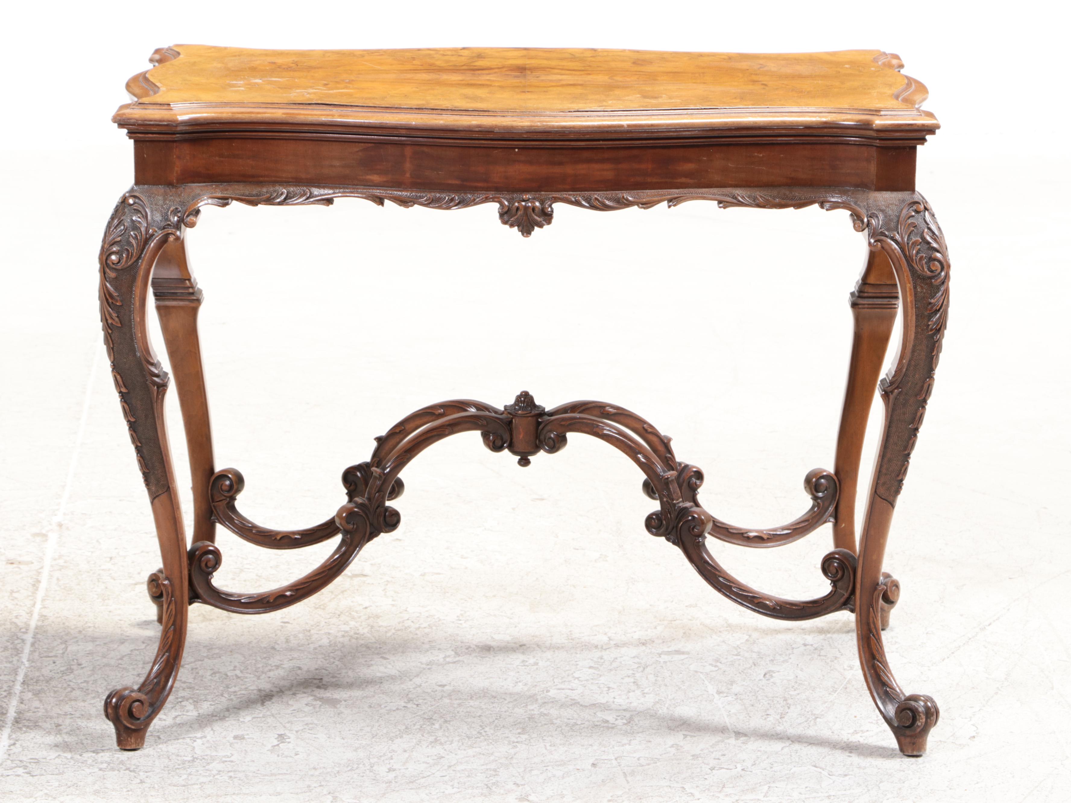 Carved Queen Anne Style Table with Book Matched Burled Wood Top