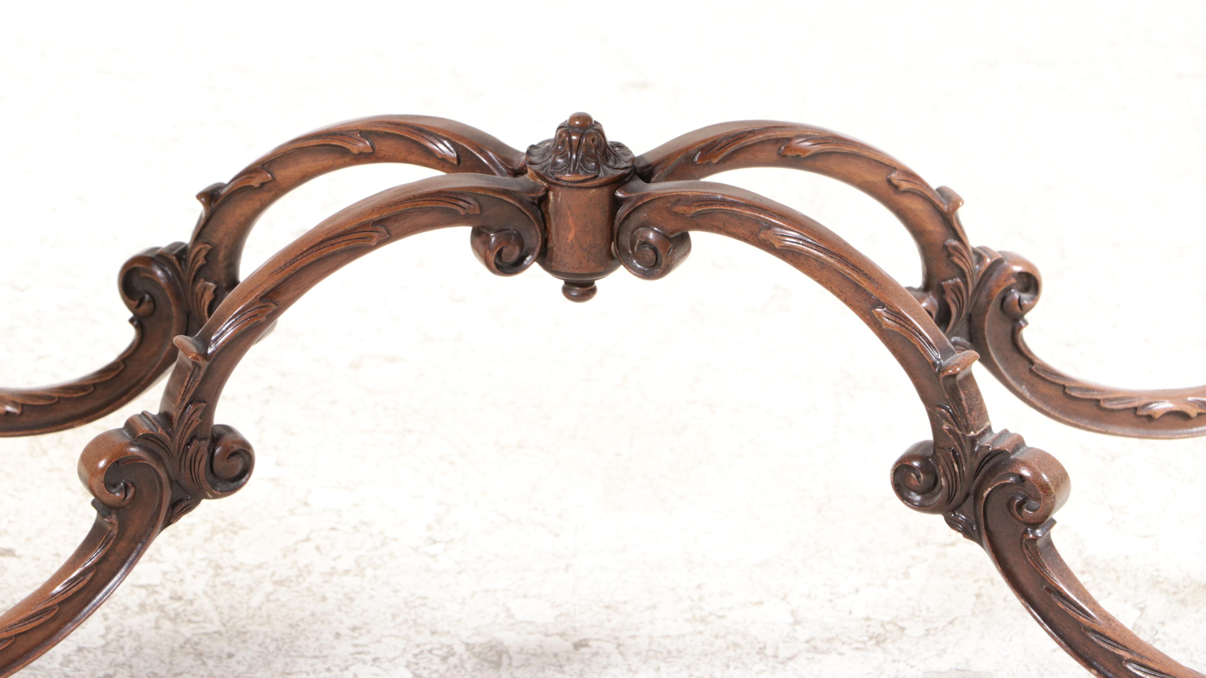 Carved Queen Anne Style Table with Book Matched Burled Wood Top