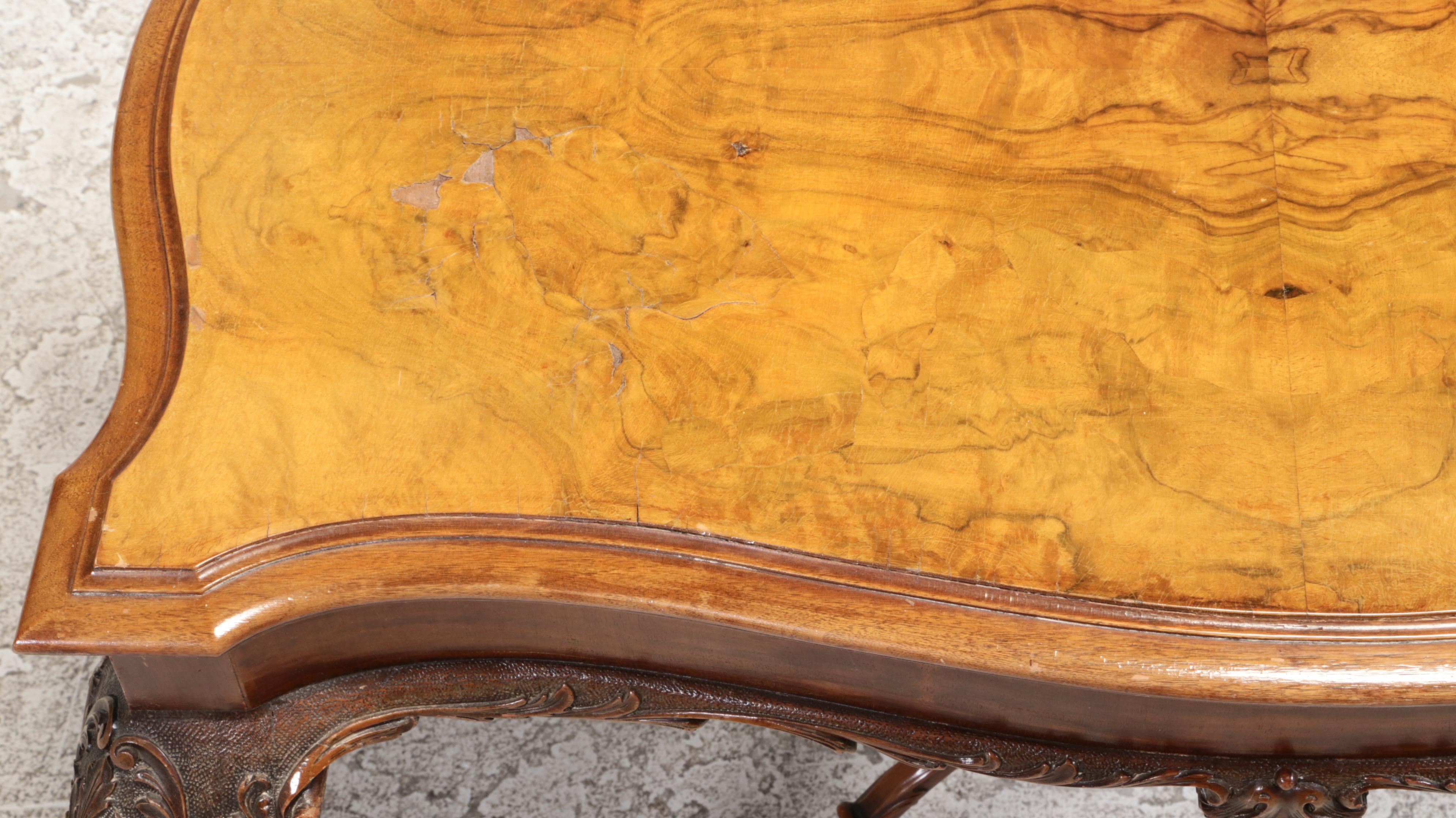 Carved Queen Anne Style Table with Book Matched Burled Wood Top