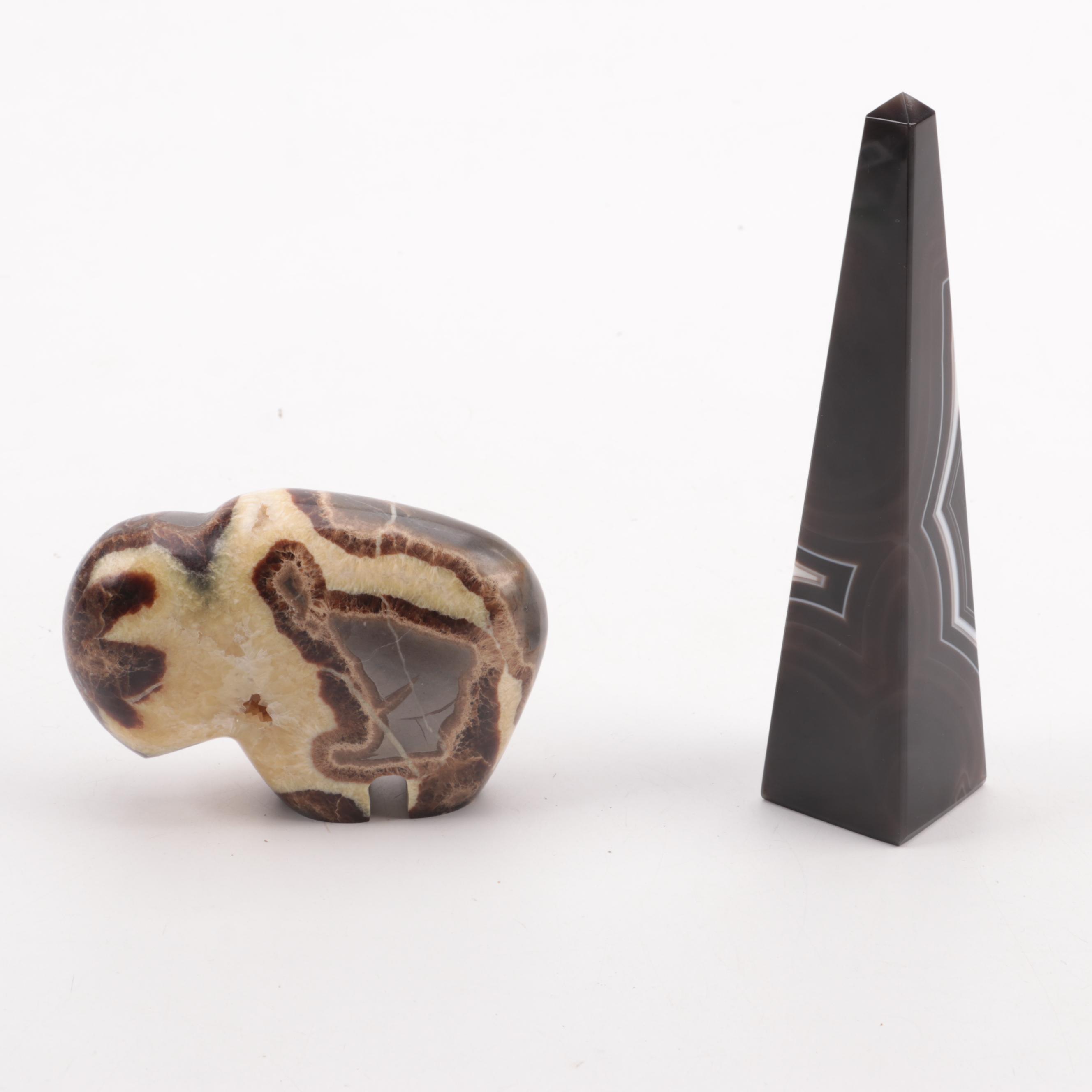 Carved Septarian Nodule Fetish Figure with Carved Black Agate Obelisk