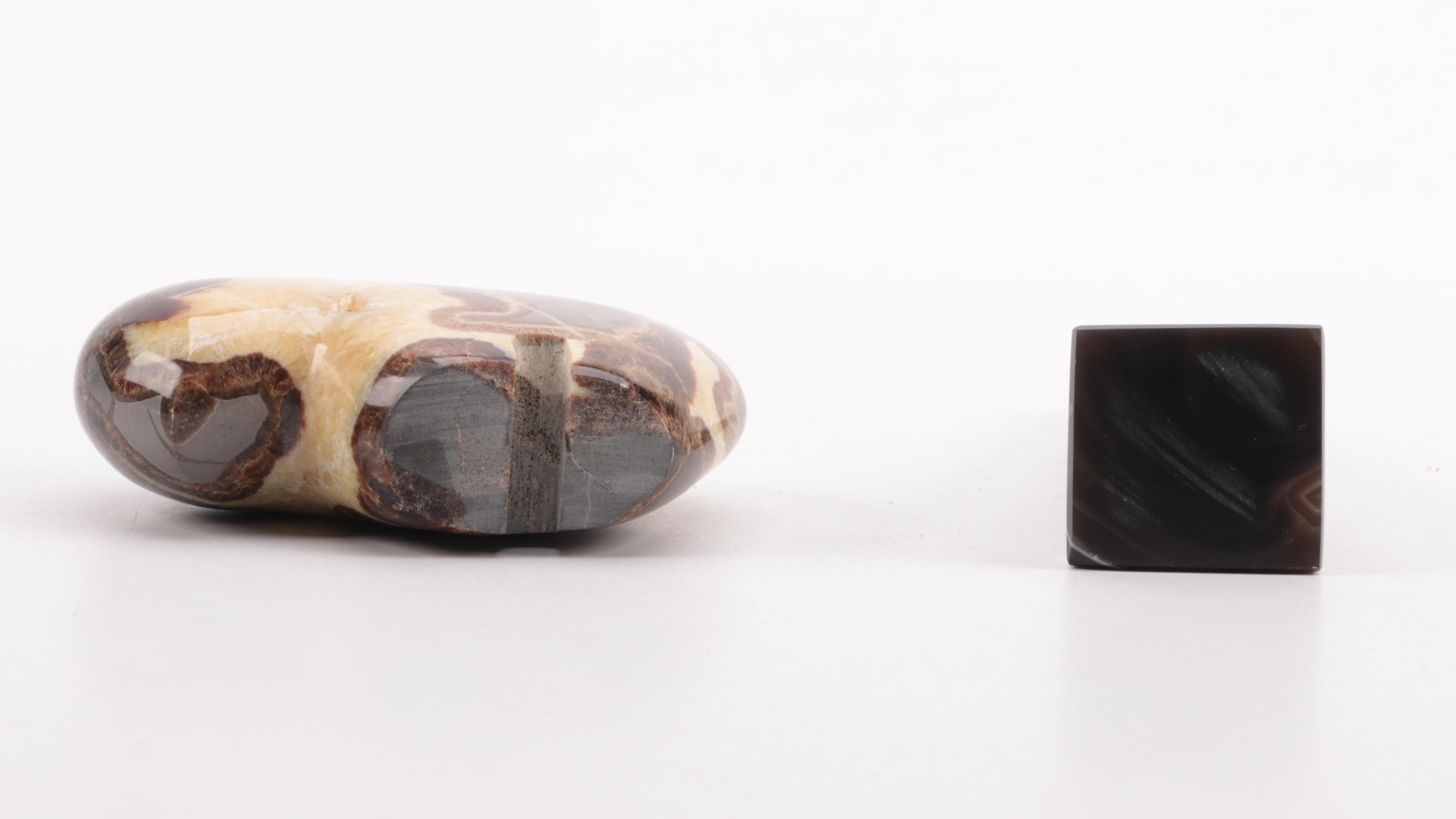 Carved Septarian Nodule Fetish Figure with Carved Black Agate Obelisk