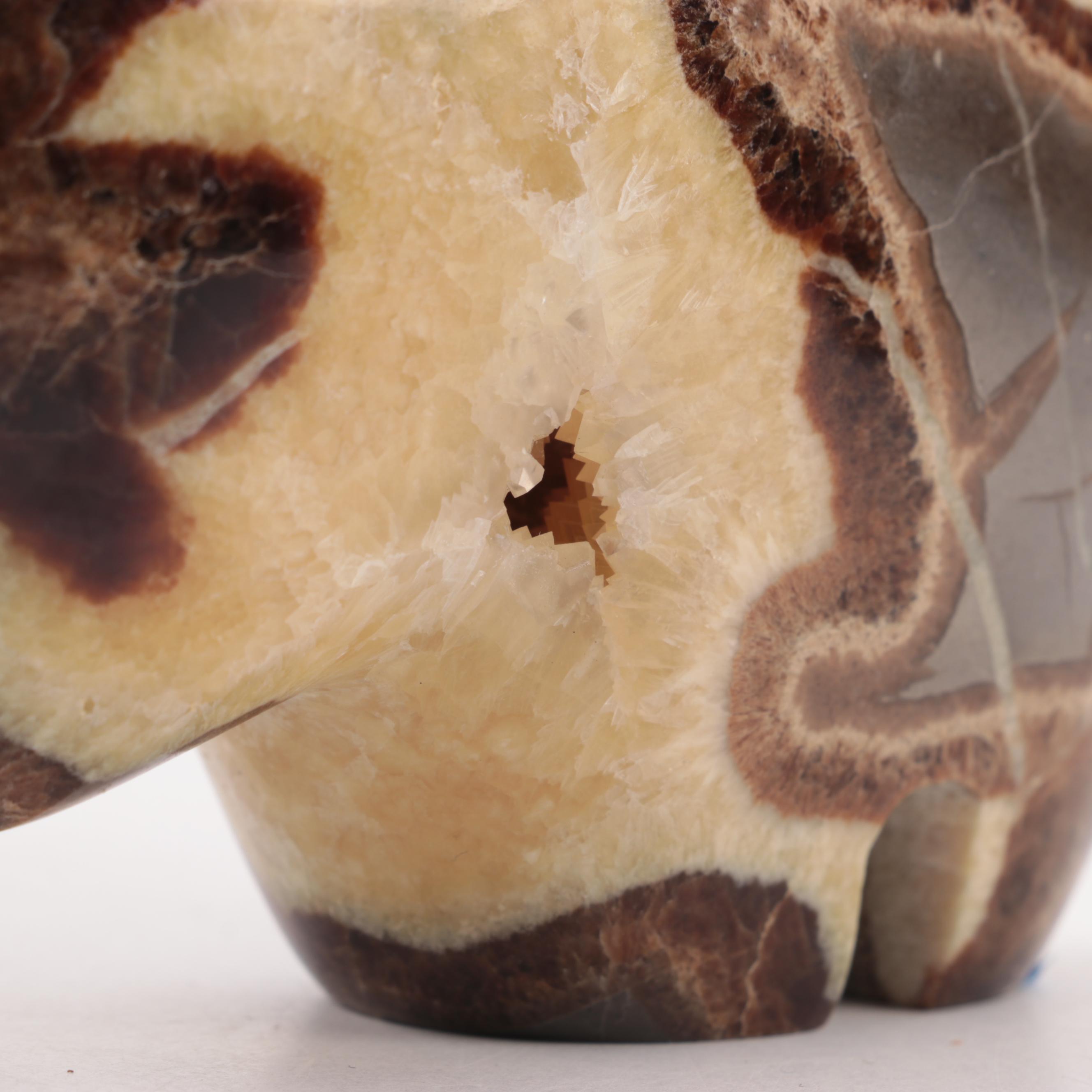 Carved Septarian Nodule Fetish Figure with Carved Black Agate Obelisk