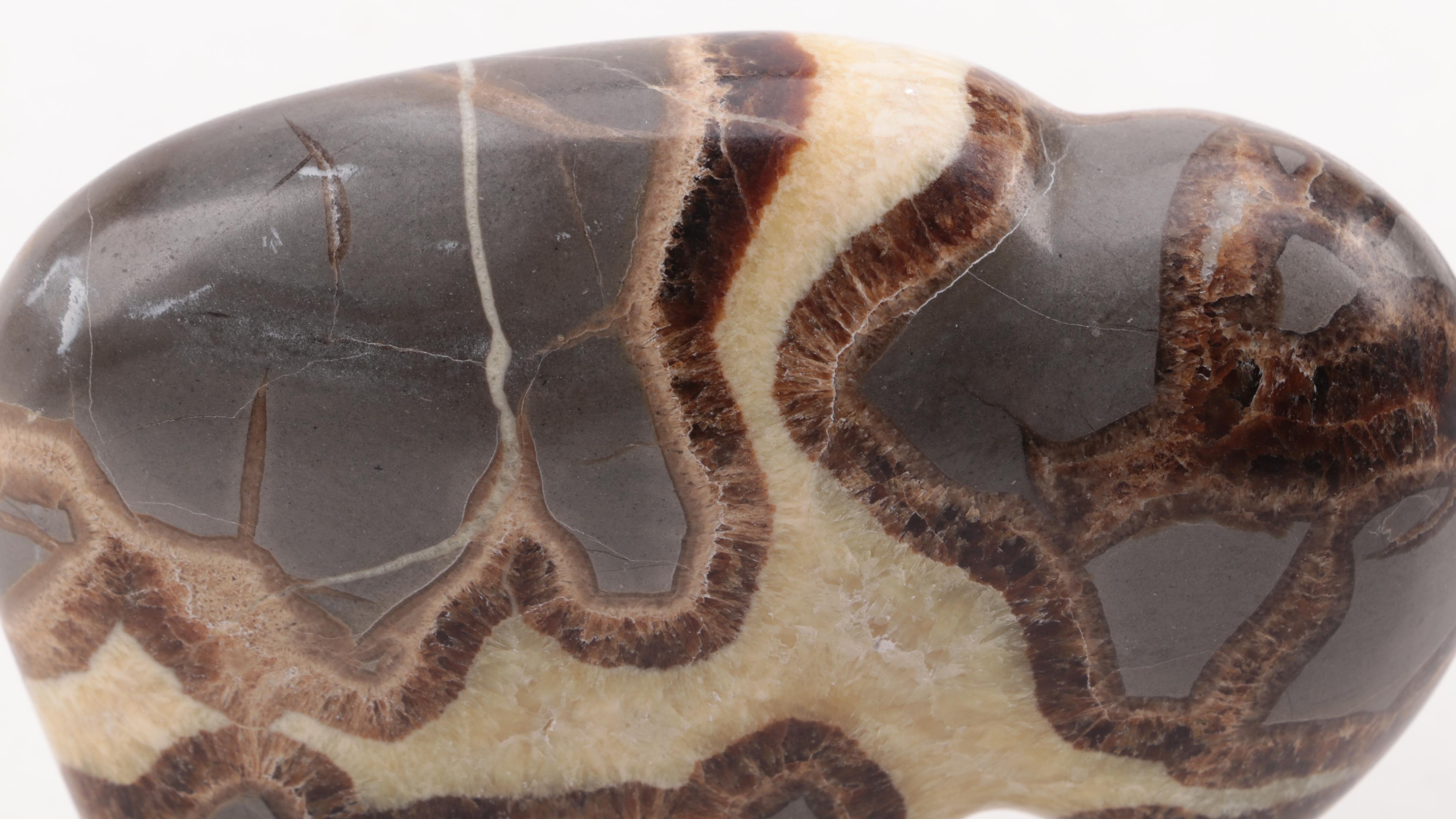 Carved Septarian Nodule Fetish Figure with Carved Black Agate Obelisk