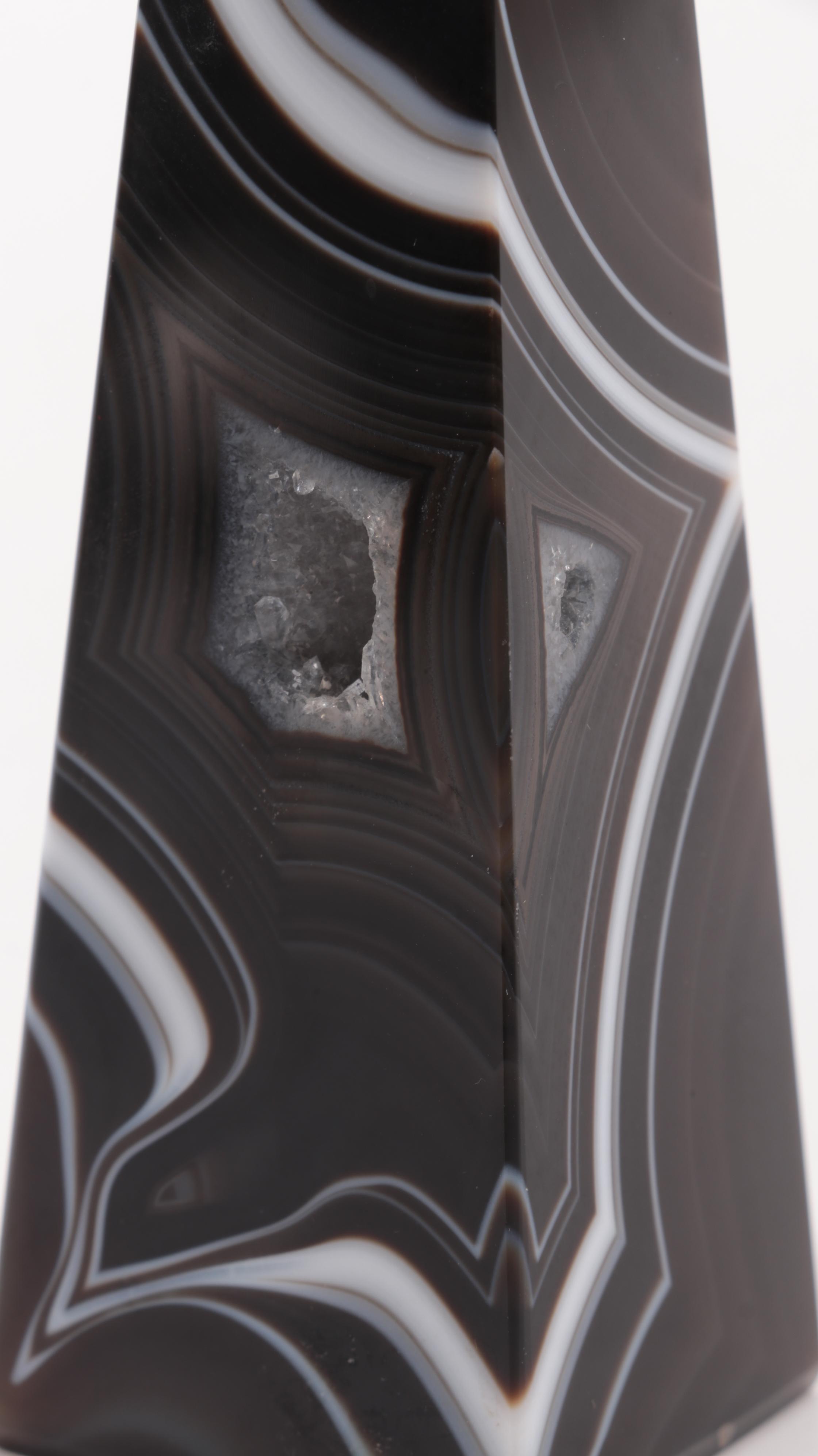 Carved Septarian Nodule Fetish Figure with Carved Black Agate Obelisk